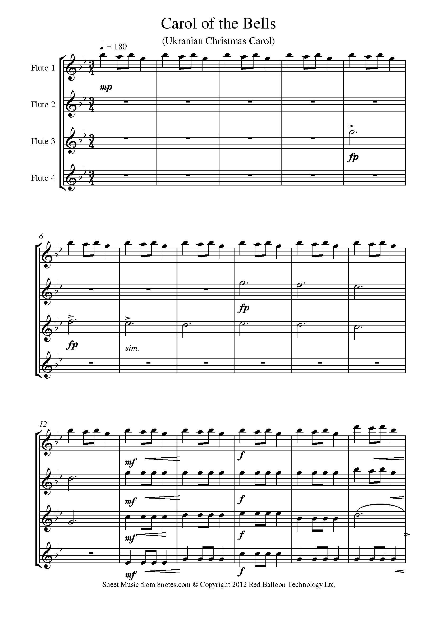 Carol of the Bells Sheet music for Flute Quartet - 8notes.com