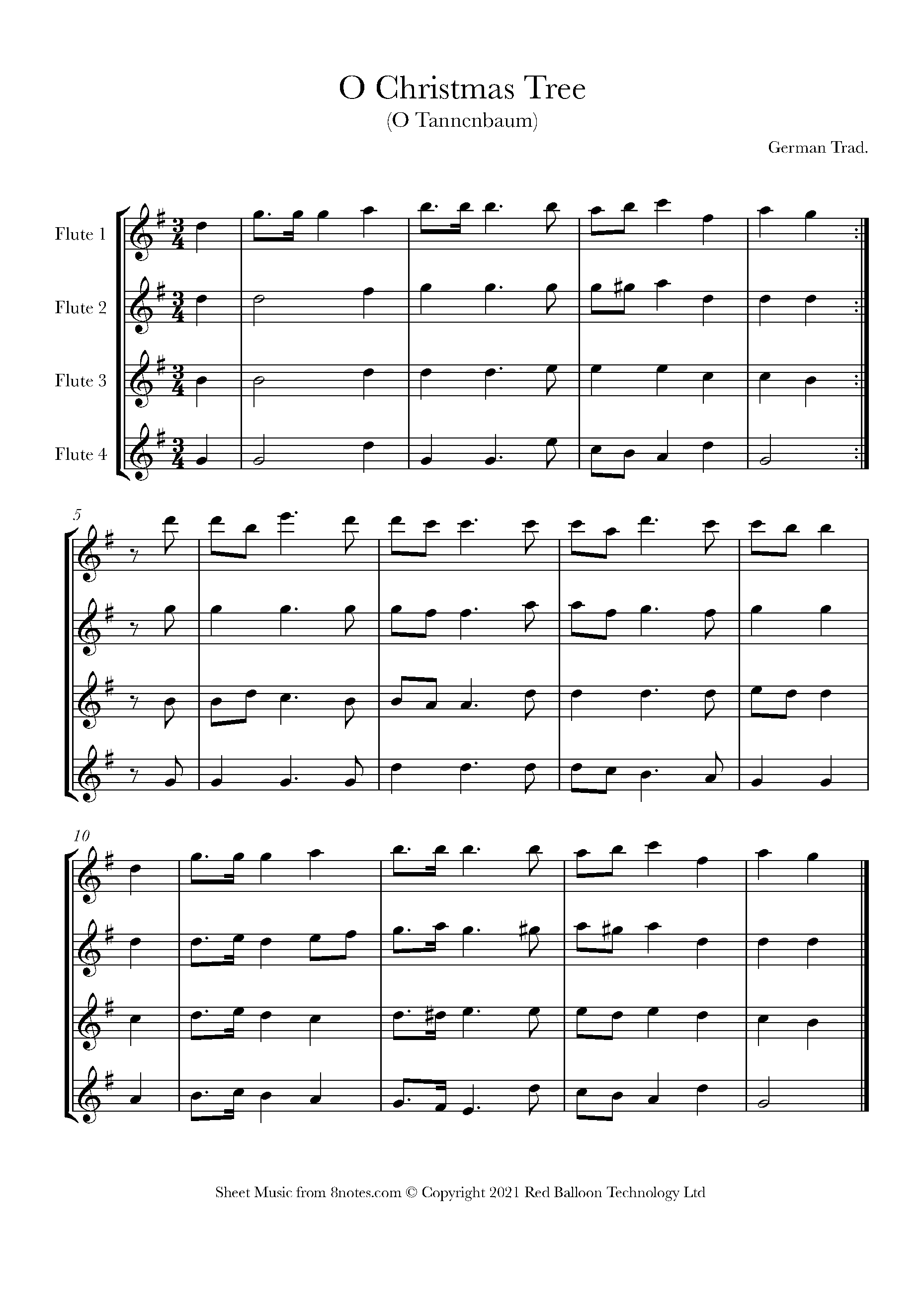 O Christmas Tree (O Tannenbaum) Sheet music for Flute Quartet