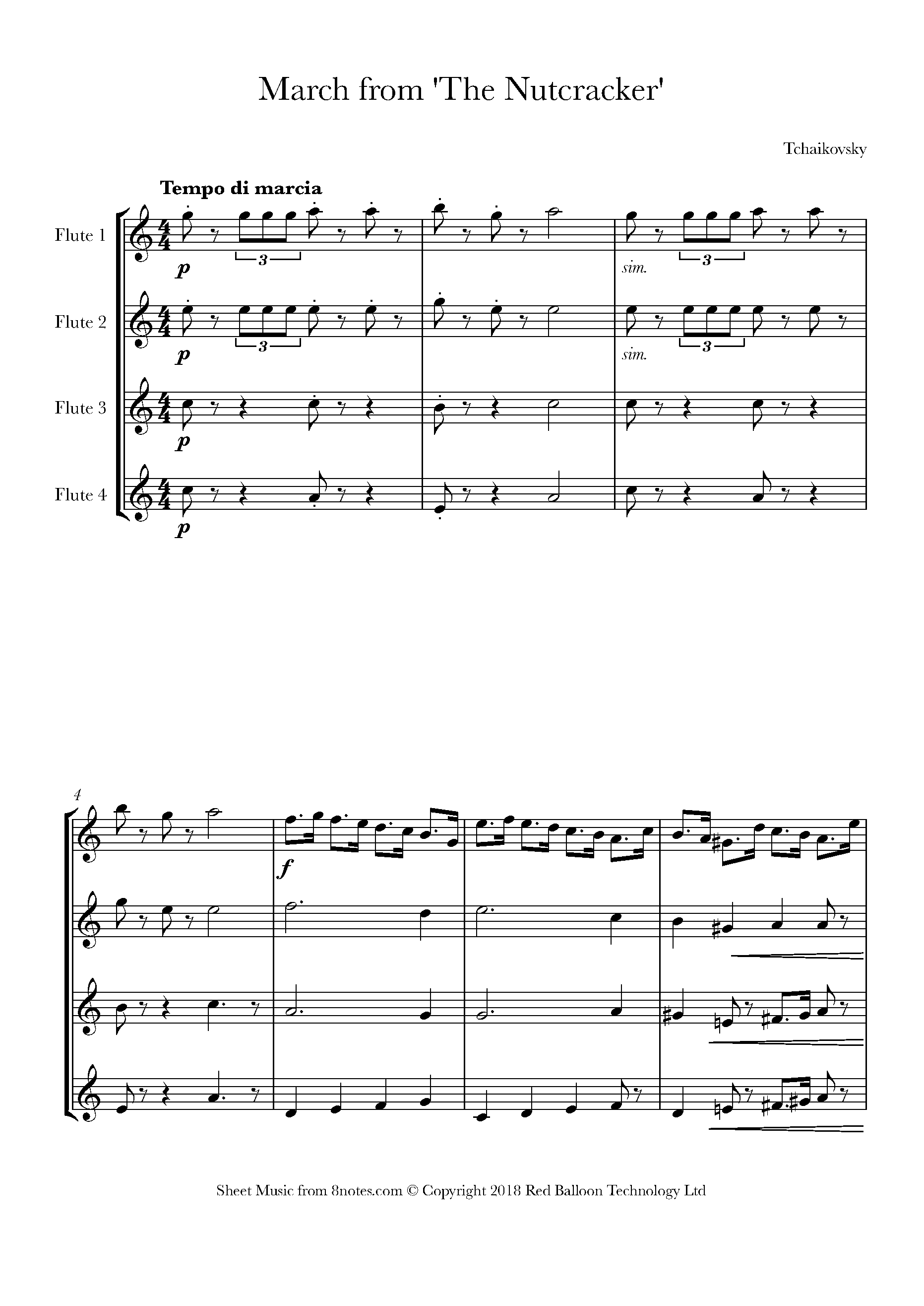 Tchaikovsky March from Nutcracker Sheet music for Flute Quartet