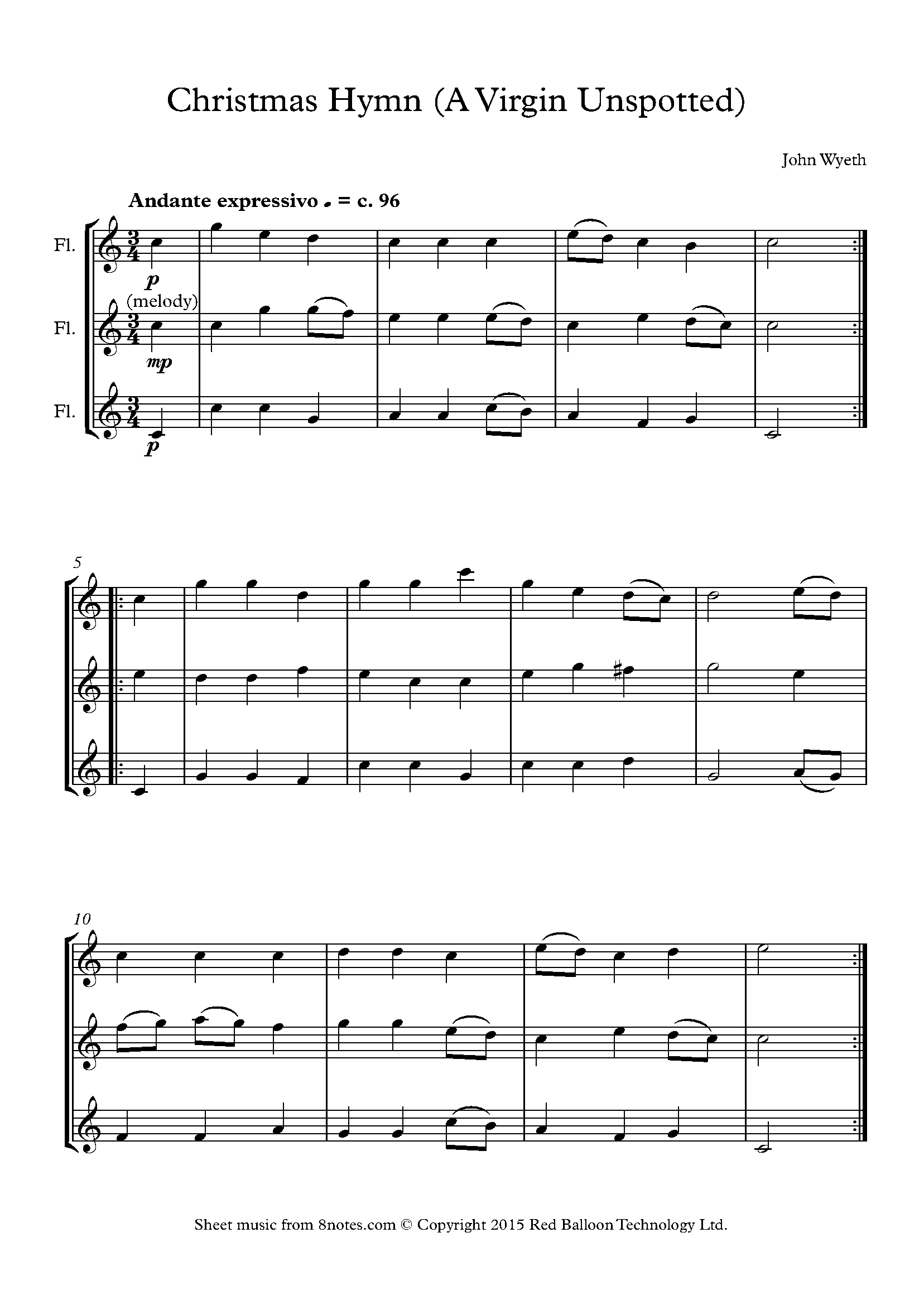 Wyeth Christmas Hymn (A Virgin Unspotted) Sheet music for Flute Trio