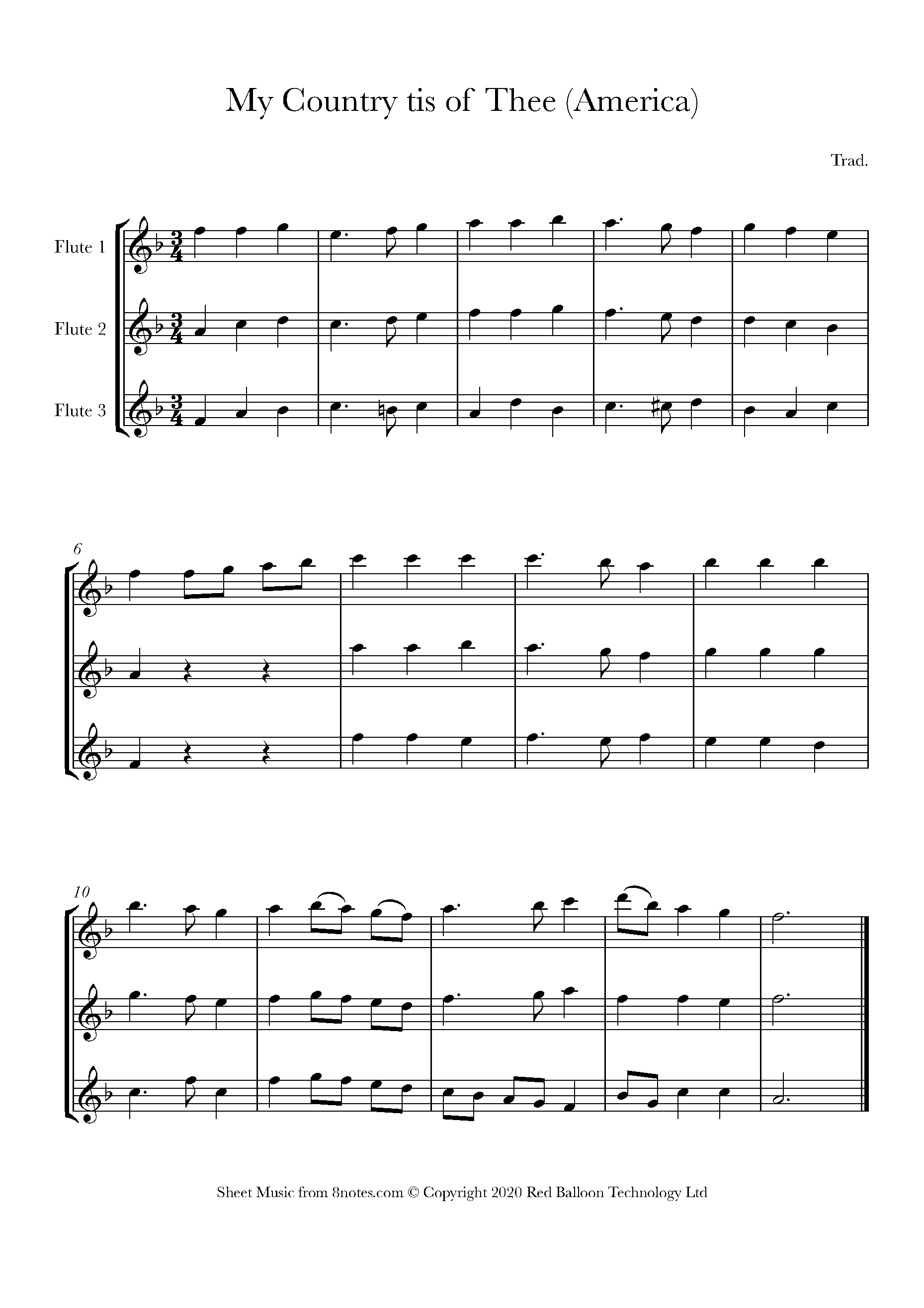 My Country Tis of Thee (America) Sheet music for Flute Trio