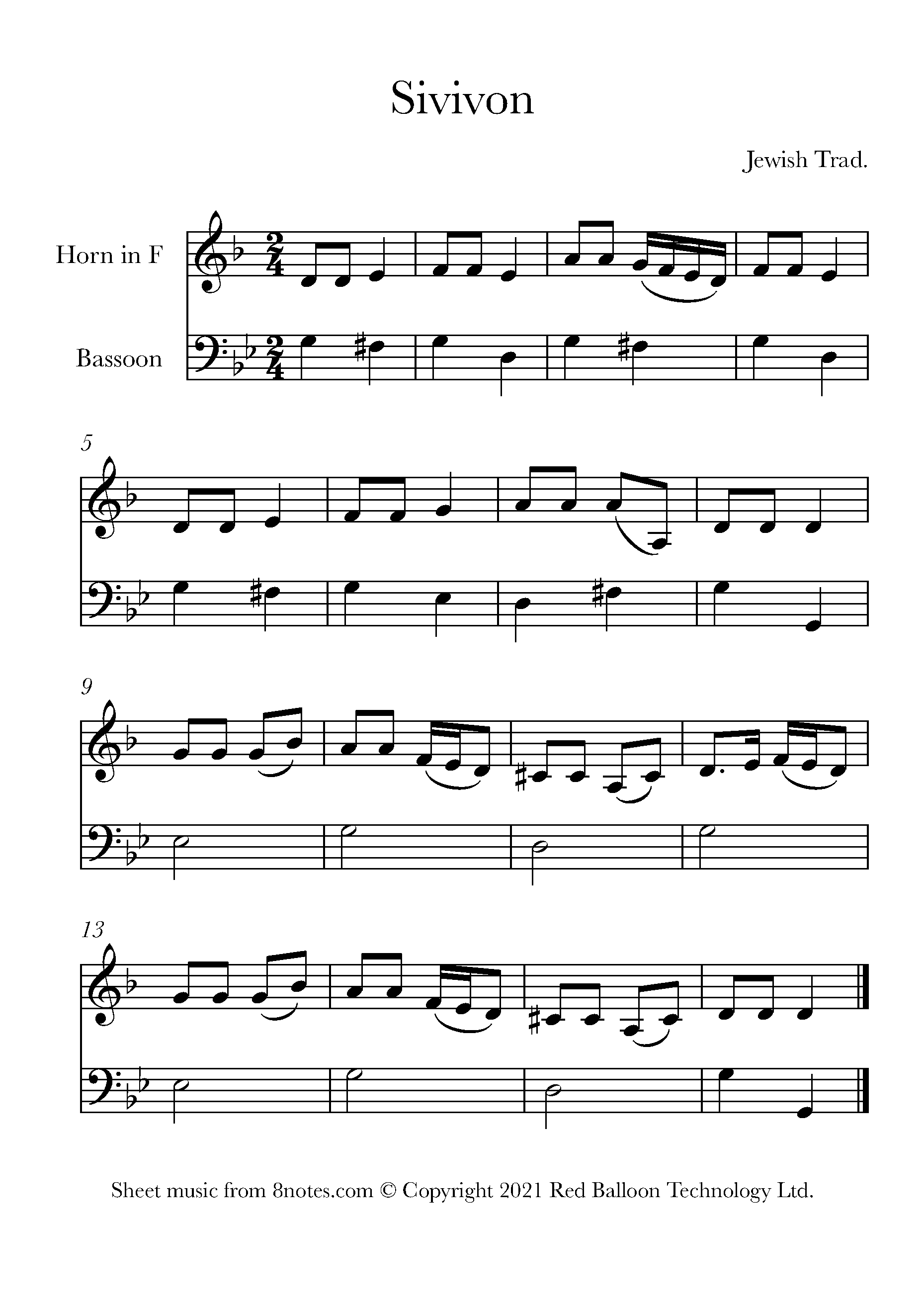Sivivon (Jewish Traditional) Sheet music for French HornBassoon Duet