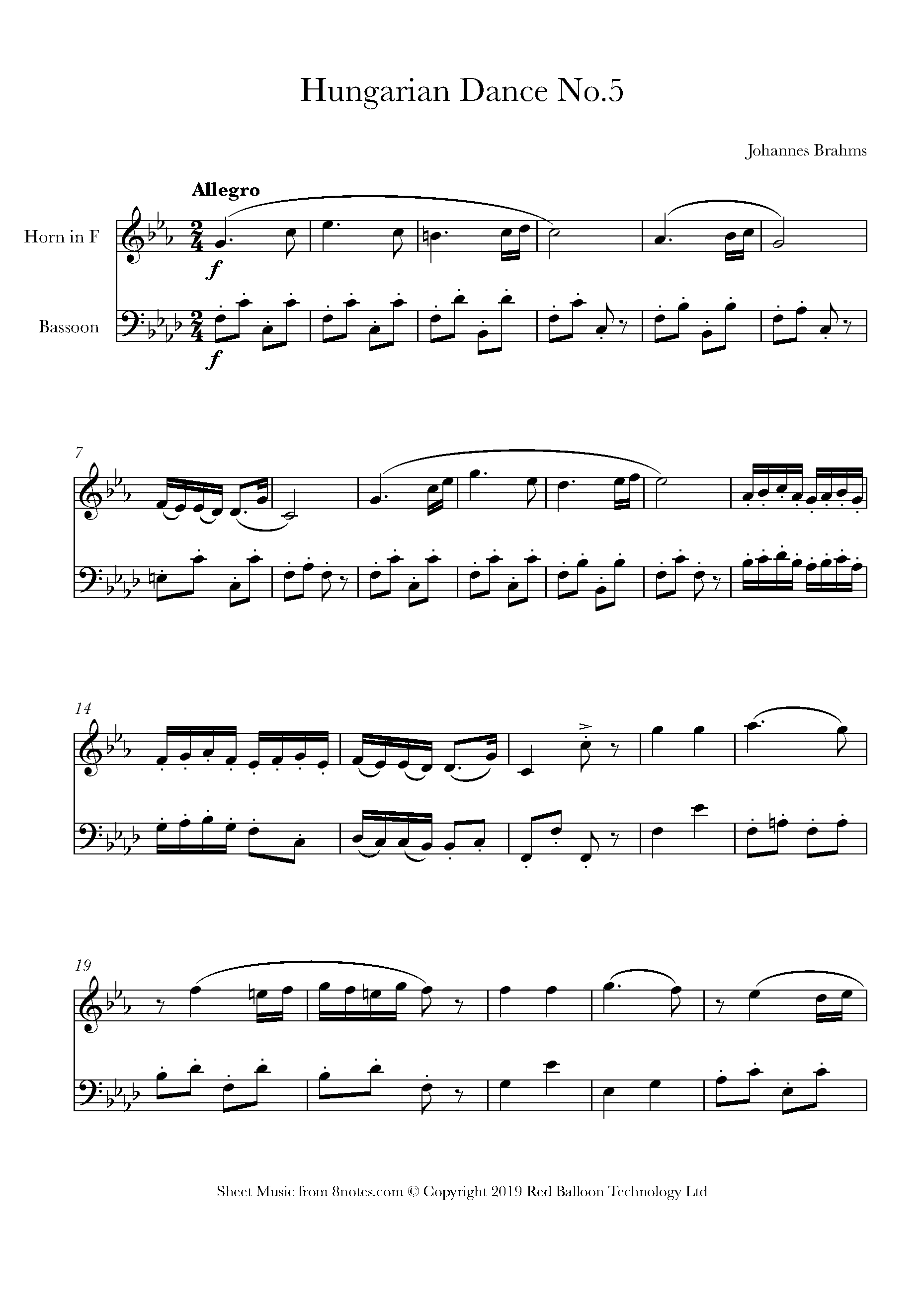 Brahms Hungarian Dance No.5 Sheet music for French HornBassoon Duet