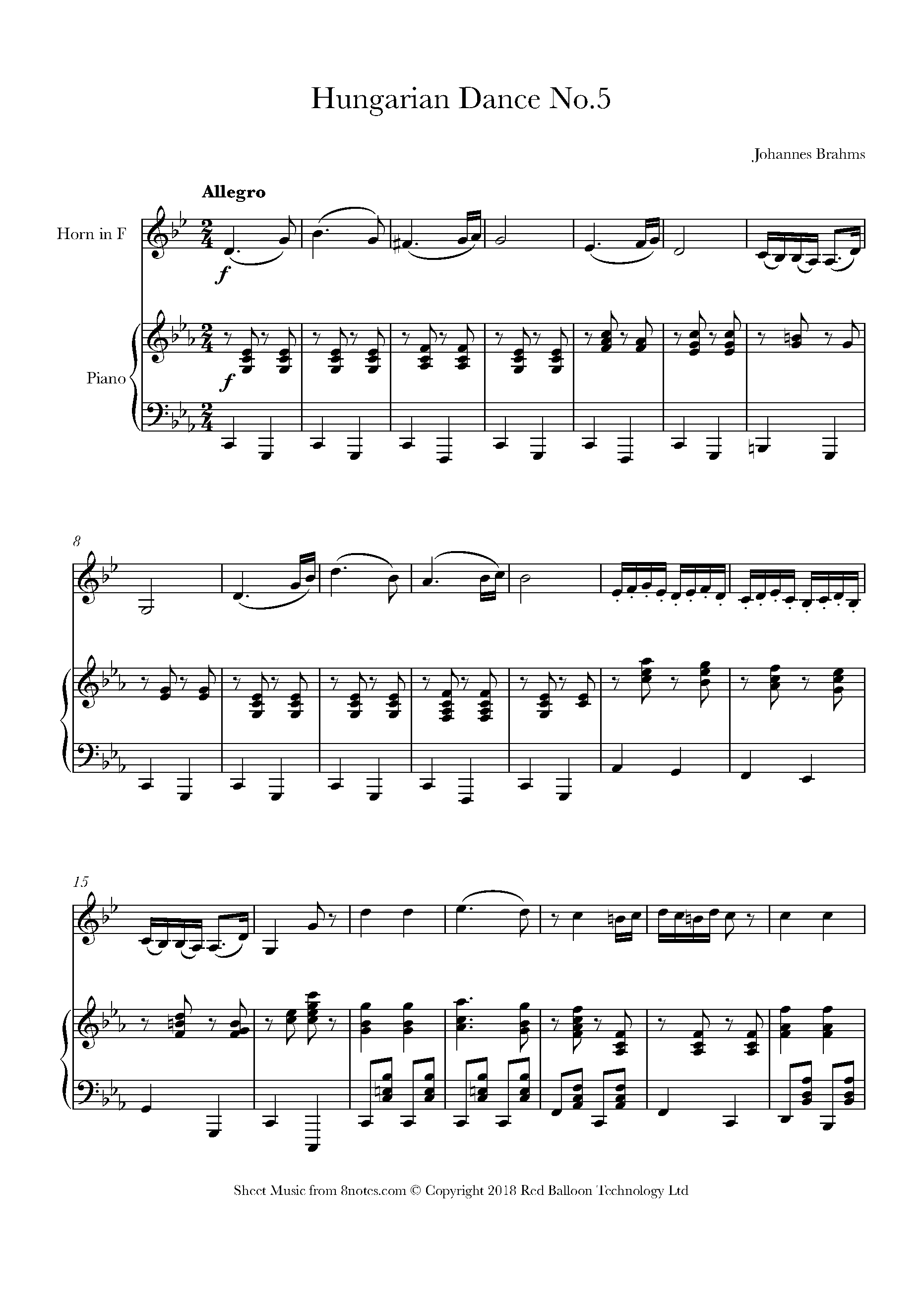 Brahms, Johannes - Hungarian Dance No.5 Sheet music for French 8notes.com