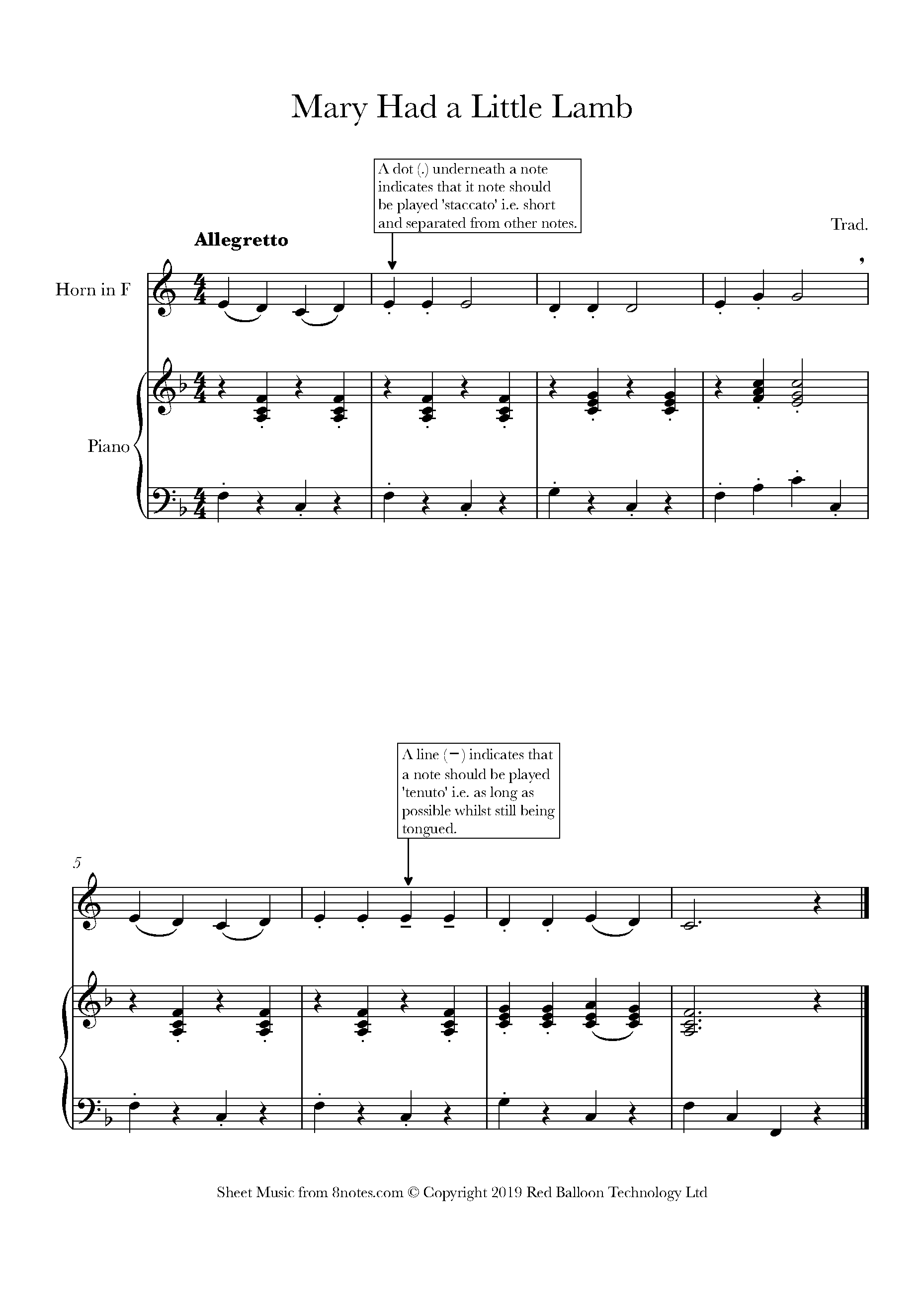 Mary Had A Little Lamb Sheet Music For French Horn 8notes
