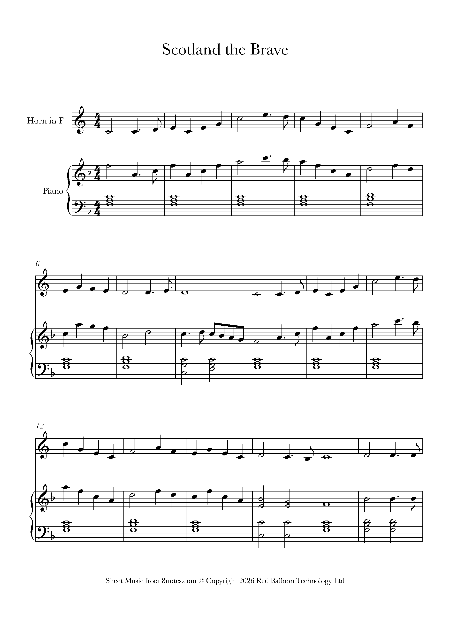 Scotland the Brave by Trad. Sheet Music arranged by 8notes.com for French Horn - 1 of 2 pages