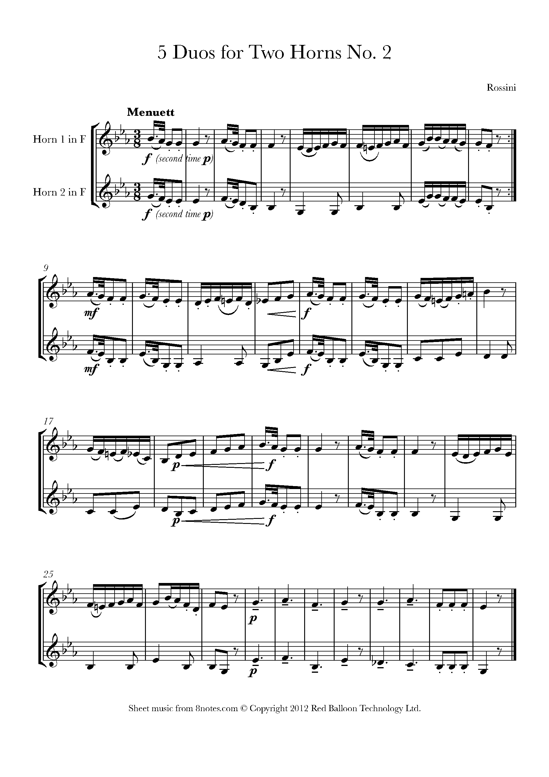 Rossini 5 Duos No.2 Menuett Sheet music for French Horn Duet