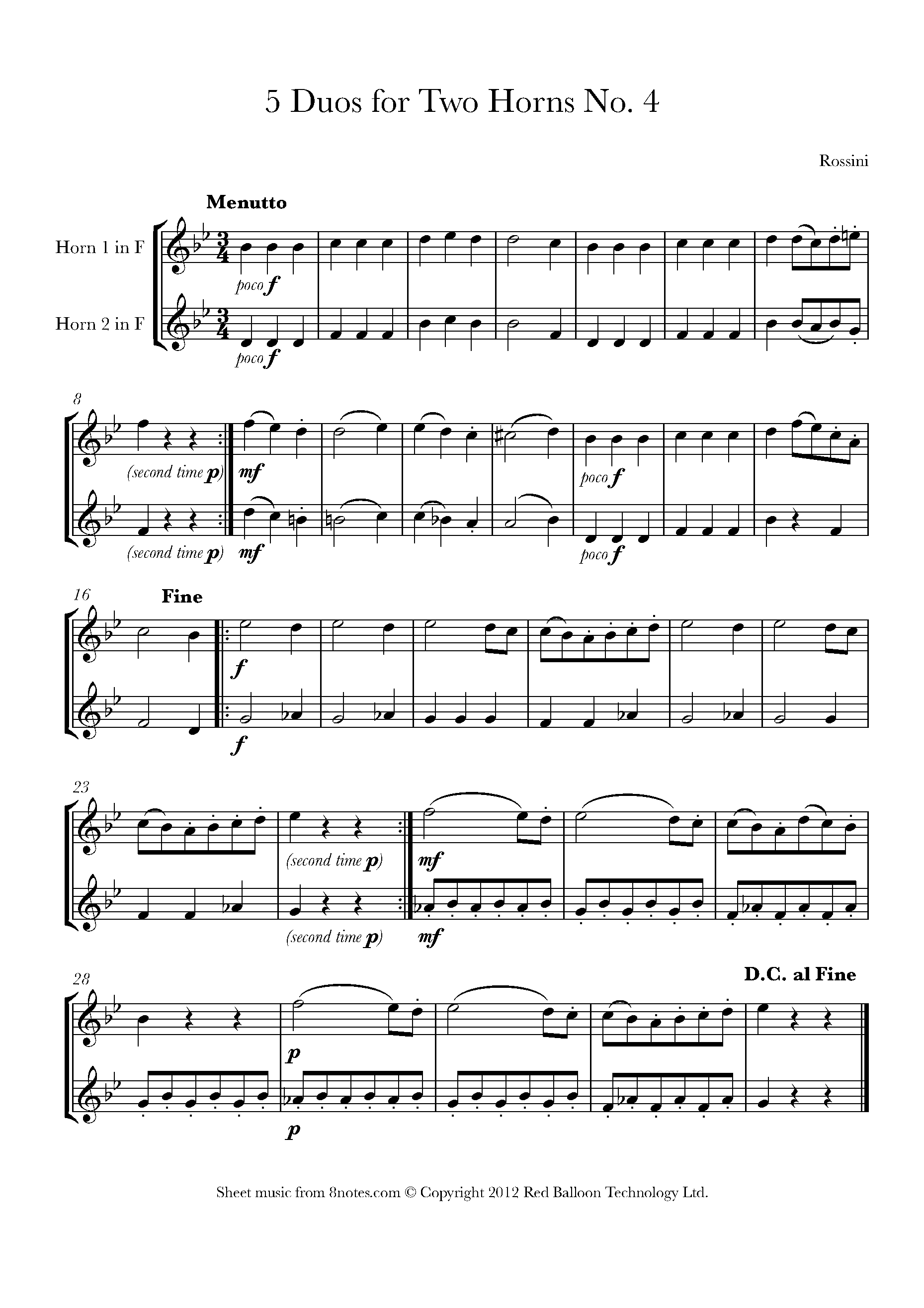 Rossini 5 Duos No.4 Menutto Sheet music for French Horn Duet