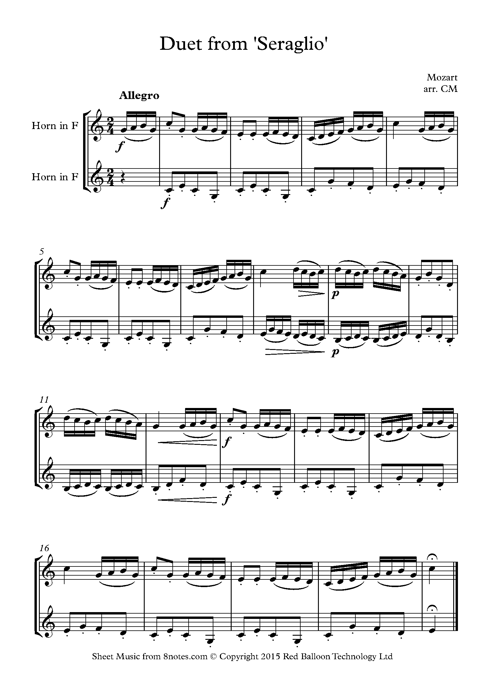 Mozart Duet from 'Seraglio' Sheet music for French Horn Duet