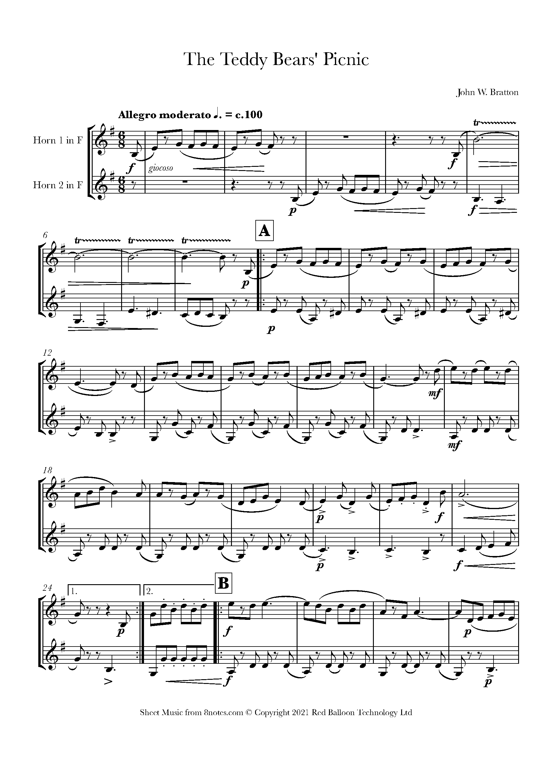 John W. Bratton The Teddy Bears' Picnic Sheet music for French Horn Duet