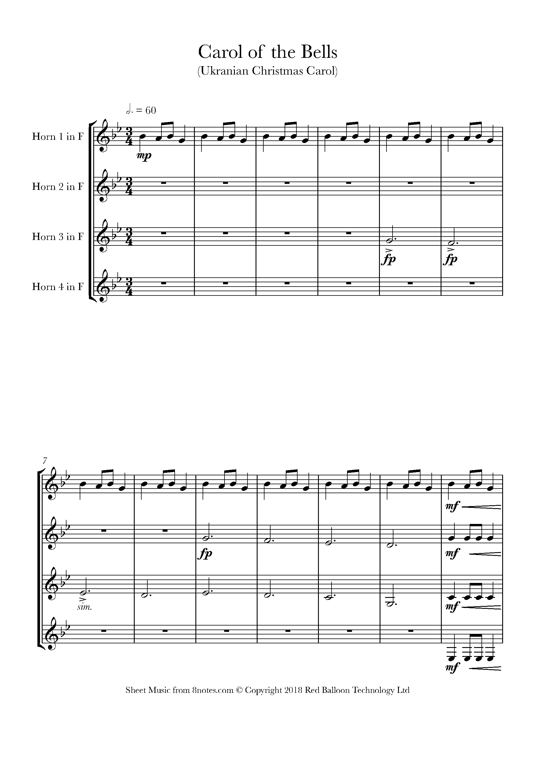 Carol of the Bells for French Horn Quartet Free Sheet music for French Horn Quartet 8notes