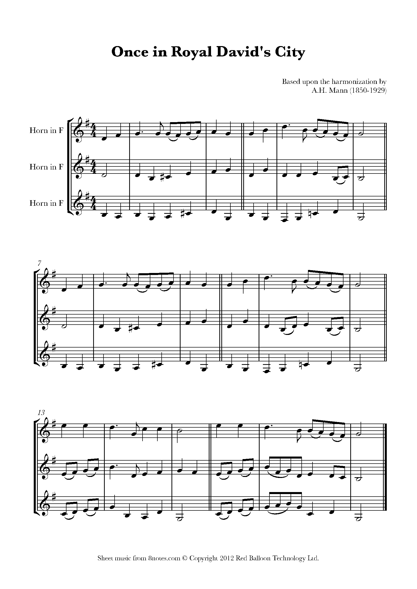 Once in royal davids city sheet music for french horn trio 8notes