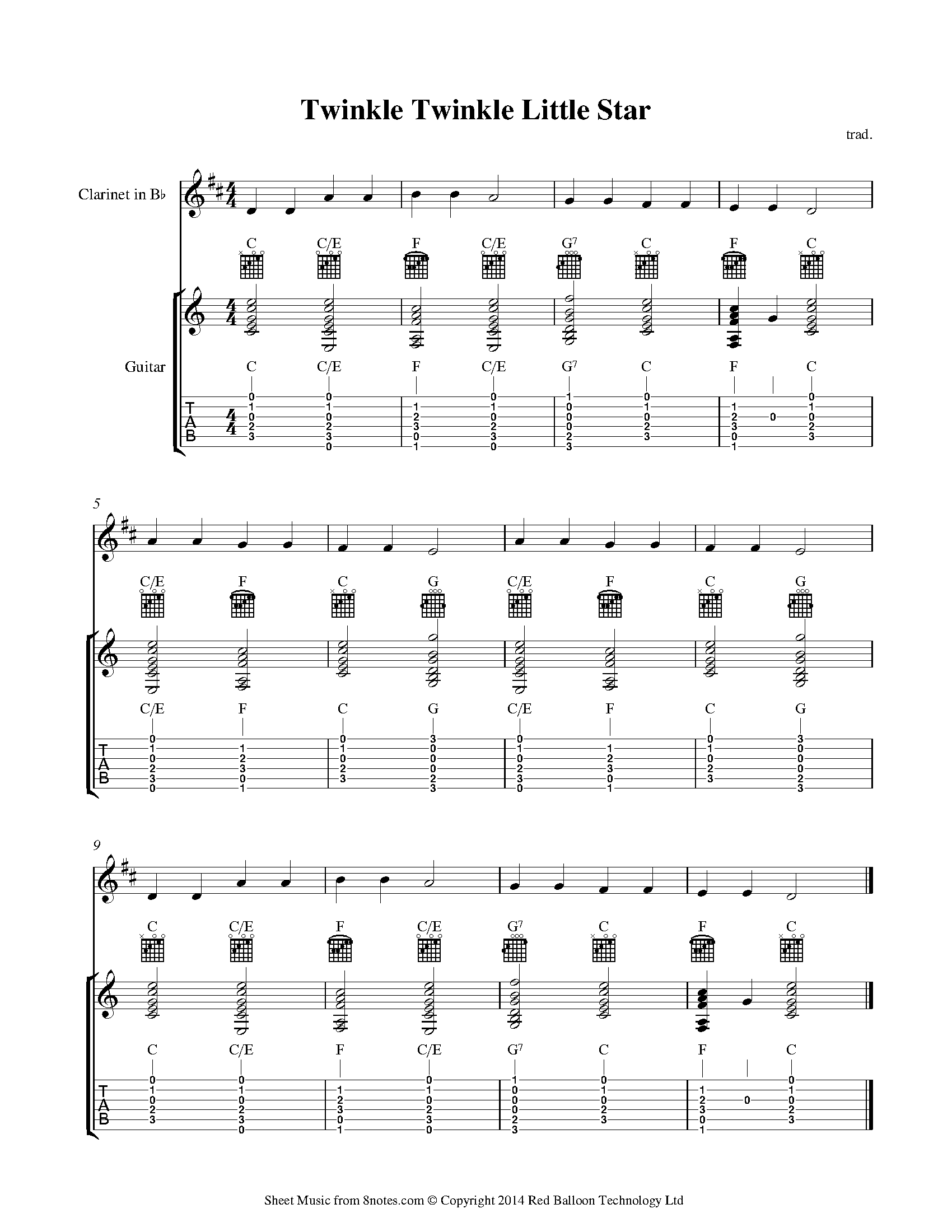 Twinkle Twinkle Little Star Clarinet Twinkle, Twinkle, Little Star Sheet music for Guitar-Clarinet Duet