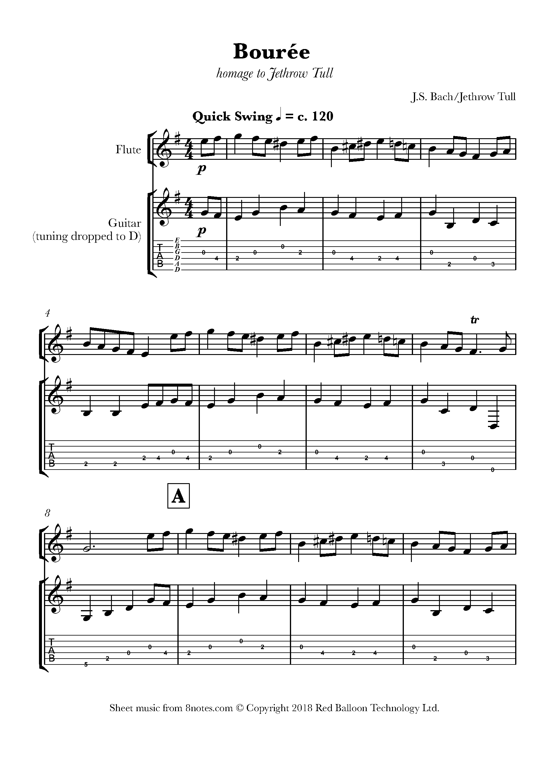 Jethro Tull Swinging Bouree (Homage to Jethro Tull) Sheet music for GuitarFlute Duet