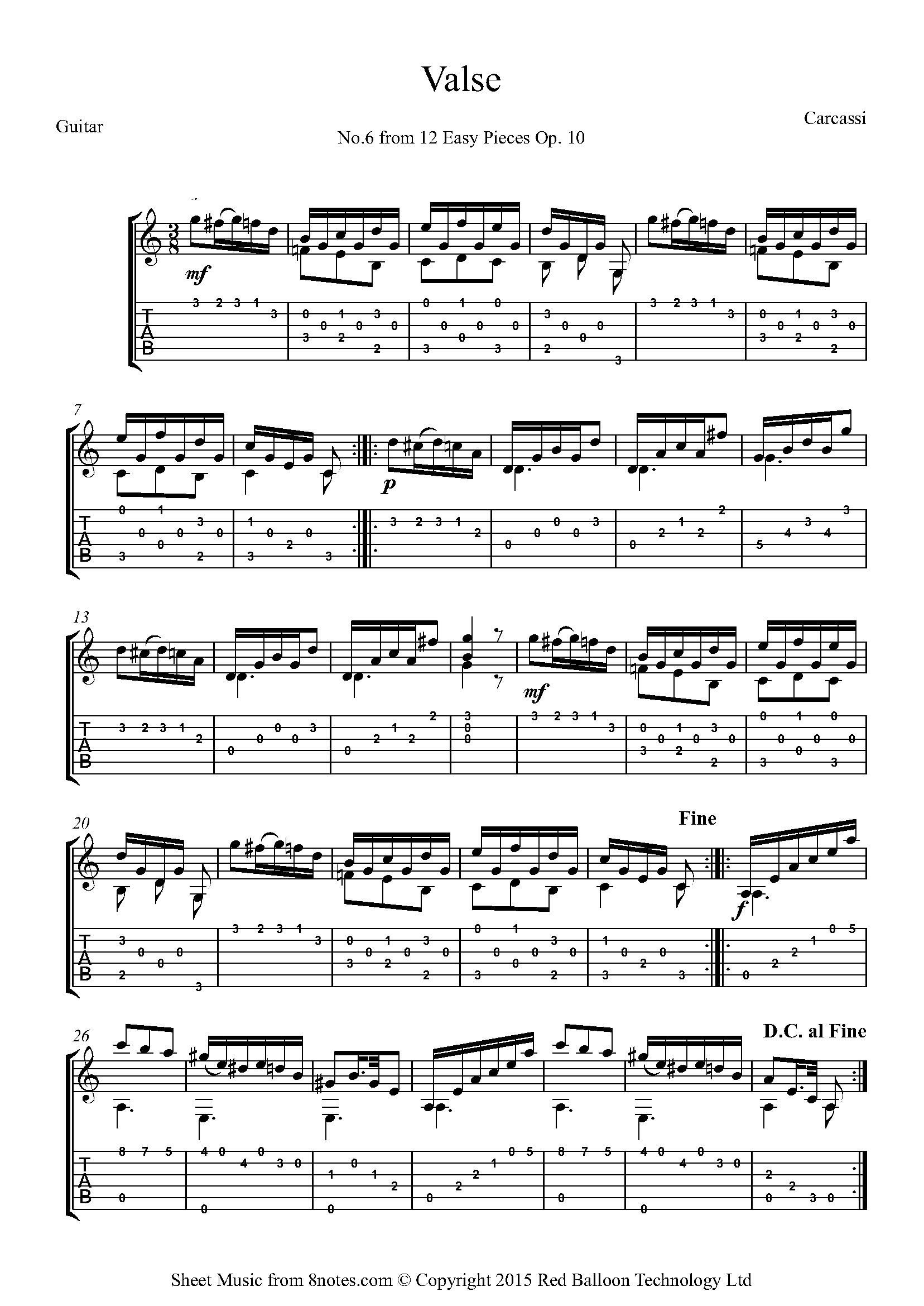 Carcassi Valse No 6 From 12 Easy Pieces Op 10 Sheet Music For Guitar 8notes Com