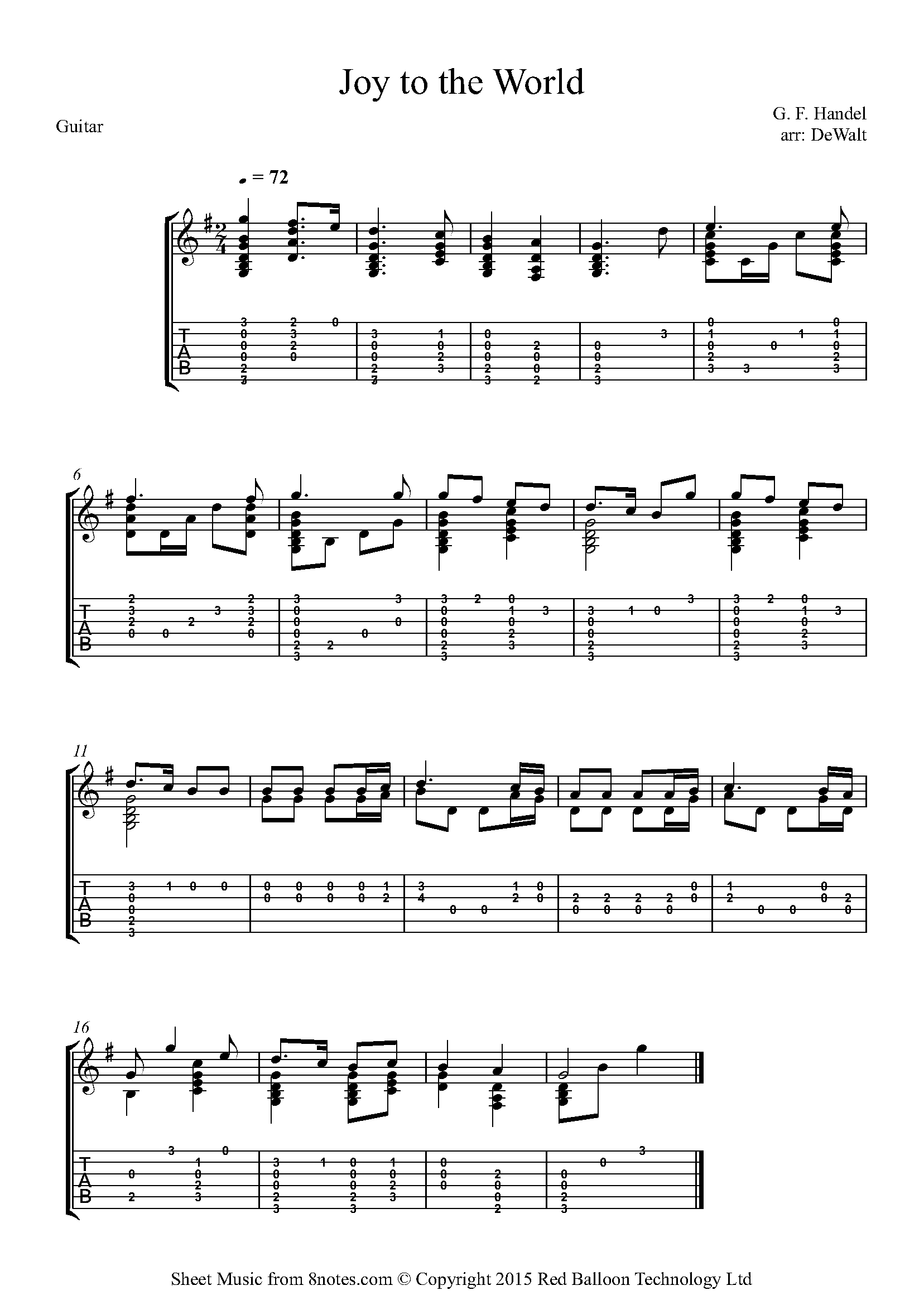 Joy to the World guitar sheet music from 8notes.com