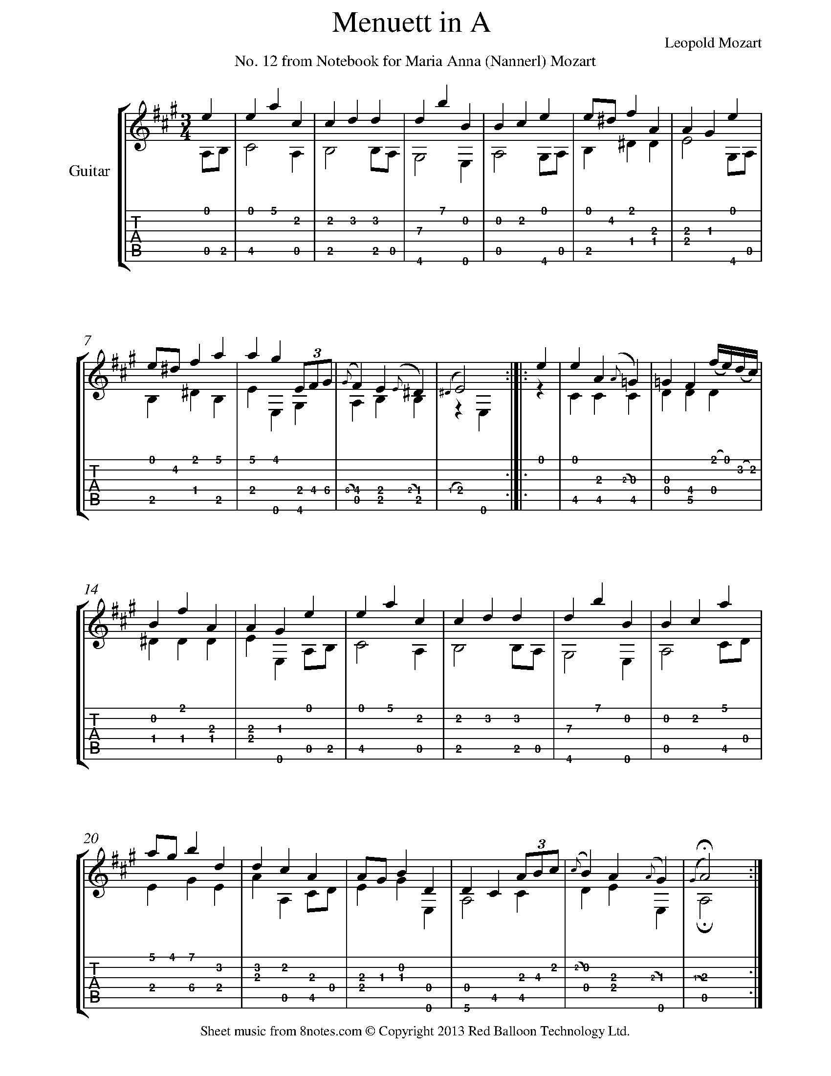 Mozart Menuett in A No. 12 from Notebook for Maria Anna (Nannerl