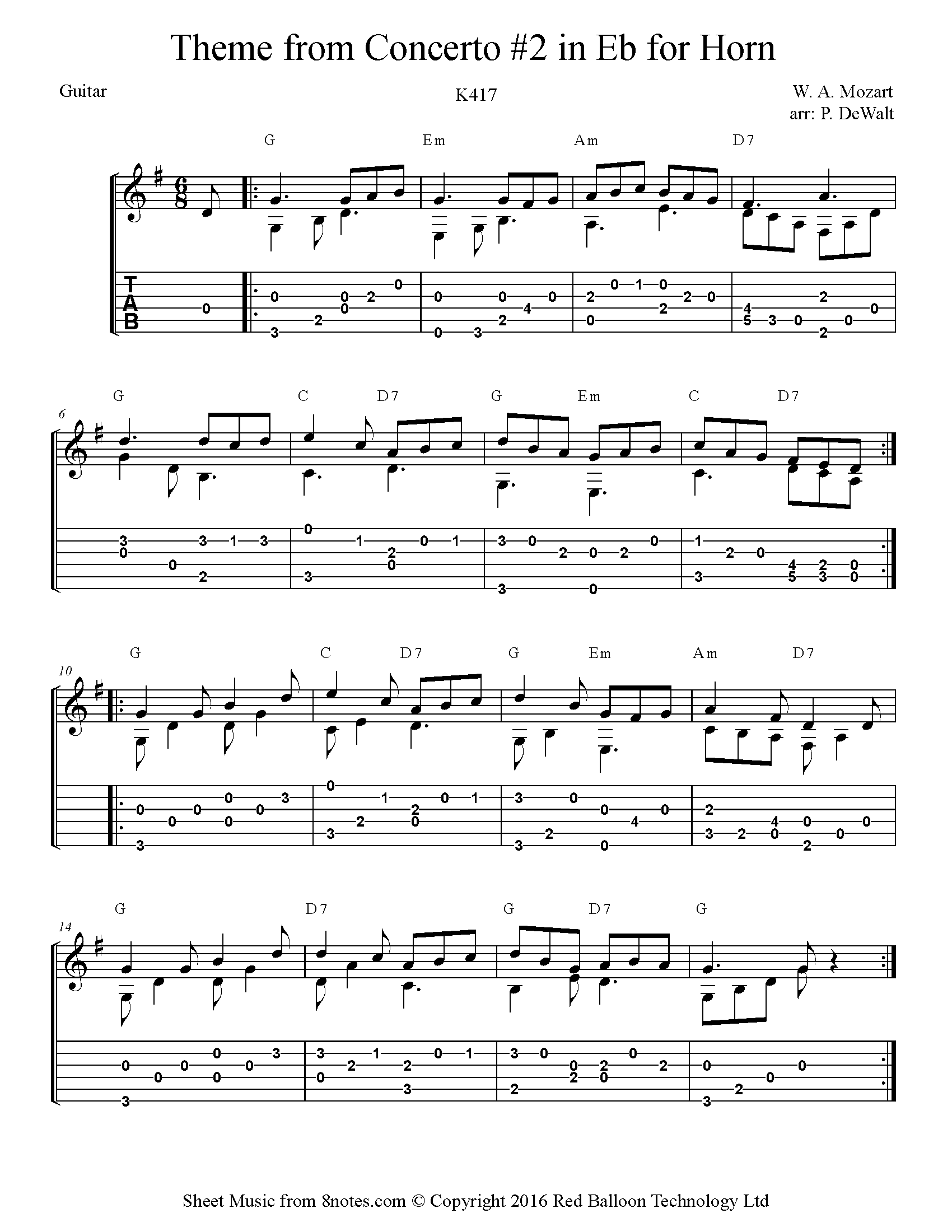 Mozart Theme from Concerto No.2 in Eb for Horn Sheet music for Guitar