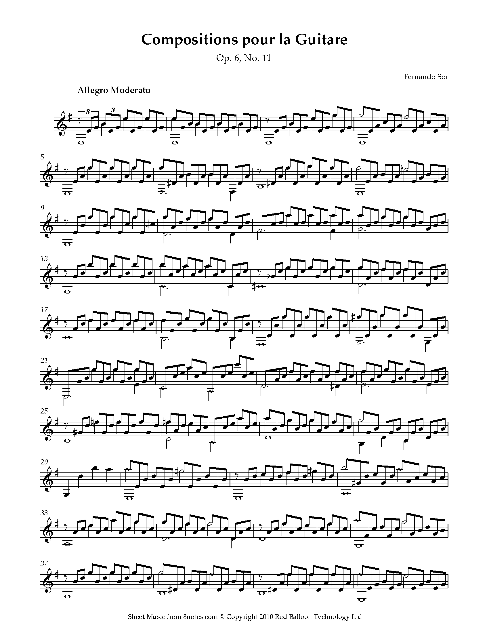 Sor Compositions Pour La Guitare Op 6 No 11 Sheet Music For Guitar 8notes Com