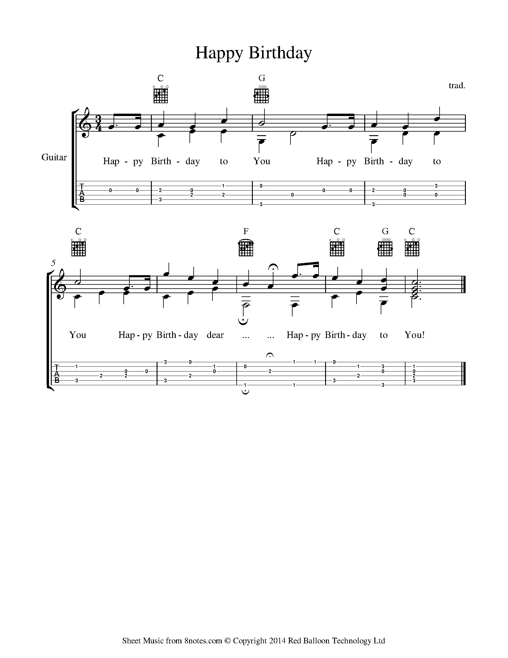 Happy Birthday to You Sheet music for Guitar - 8notes.com