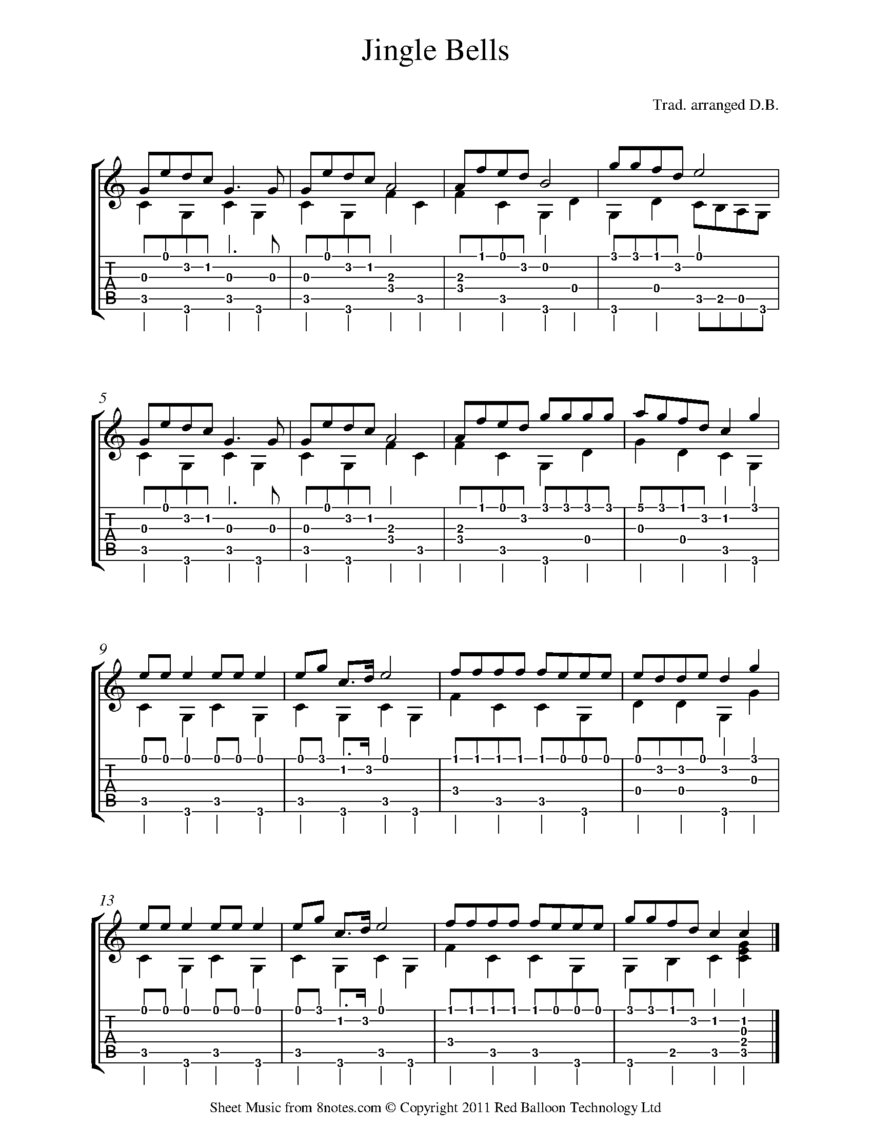 Jingle Bells sheet music for guitar (tablature) (PDF)