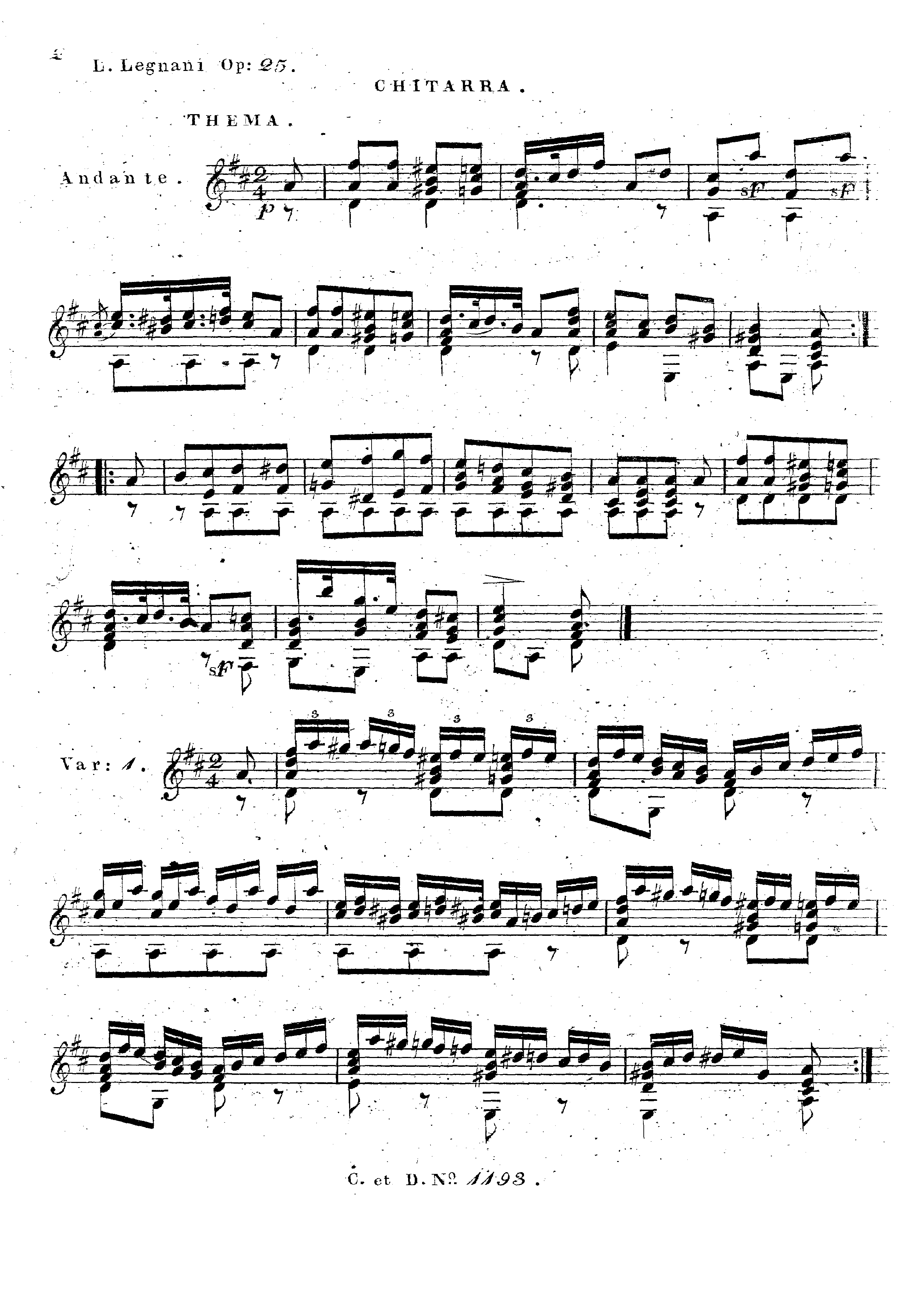 Variazioni per la chitarra sola sopra un tema originale, Op.25 by Luigi Legnani Sheet Music arranged by 8notes.com for Guitar - 1 of 9 pages