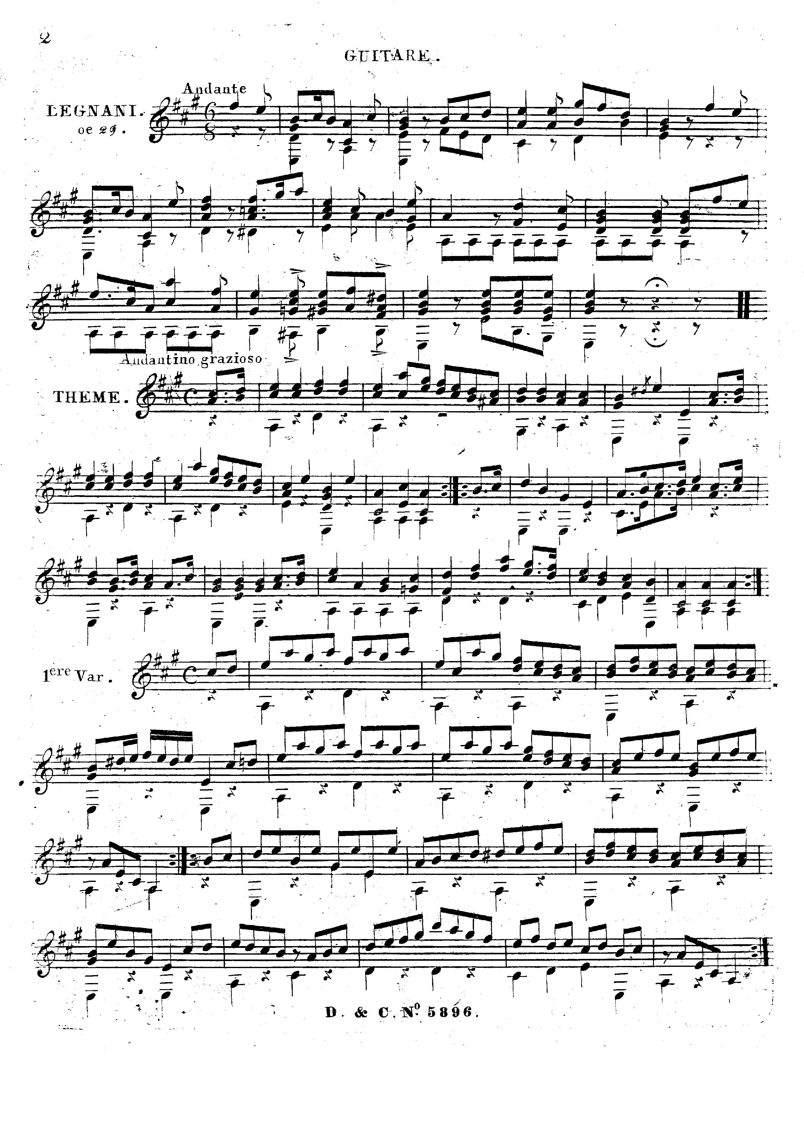 Theme avec variations brillantes et non difficiles pou la guitare, Op.29 by Luigi Legnani Sheet Music arranged by 8notes.com for Guitar - 1 of 7 pages