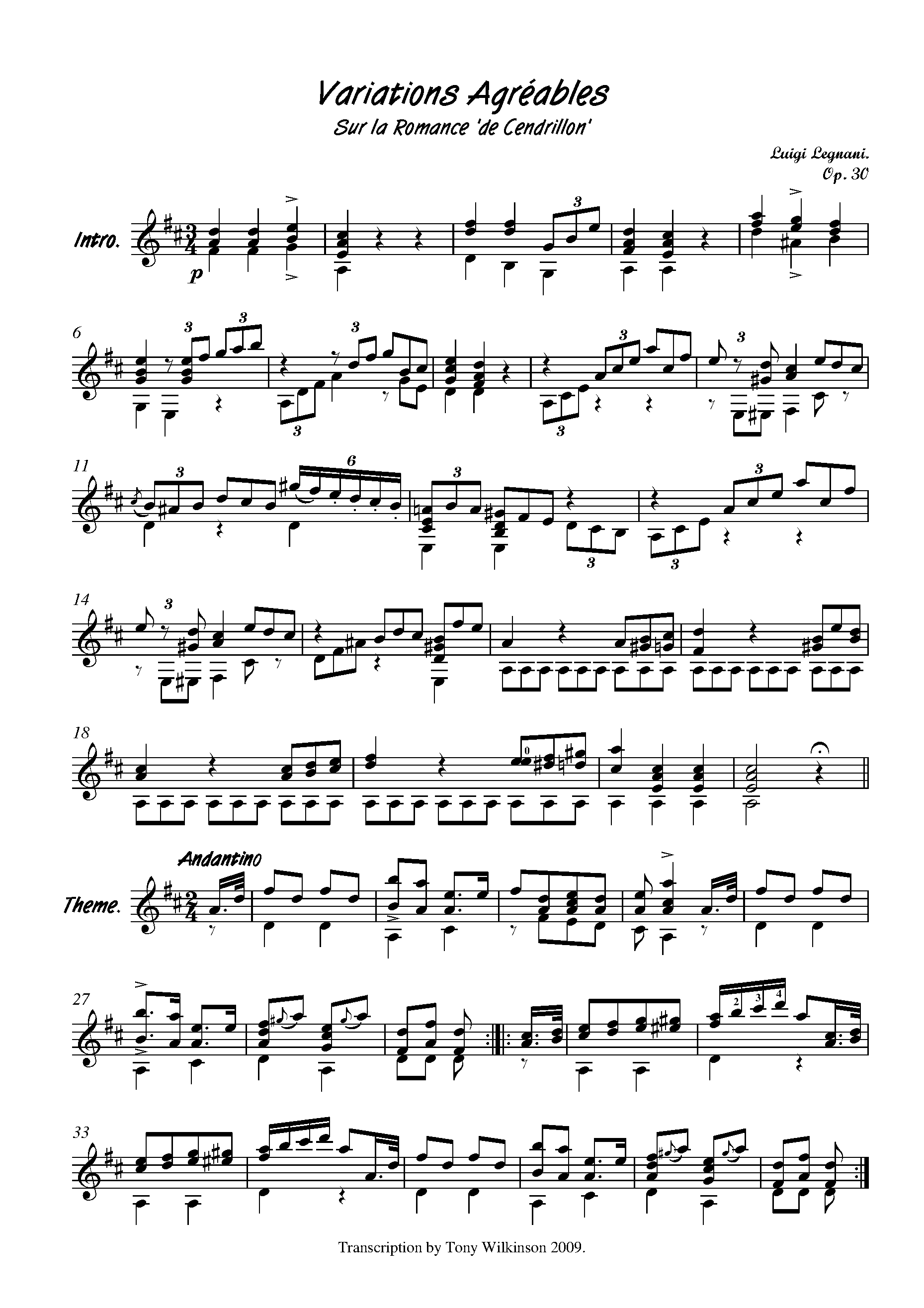 Variations agreables sur la Romance de 'Cendrillon', Op.30 by Luigi Legnani Sheet Music arranged by 8notes.com for Guitar - 1 of 6 pages