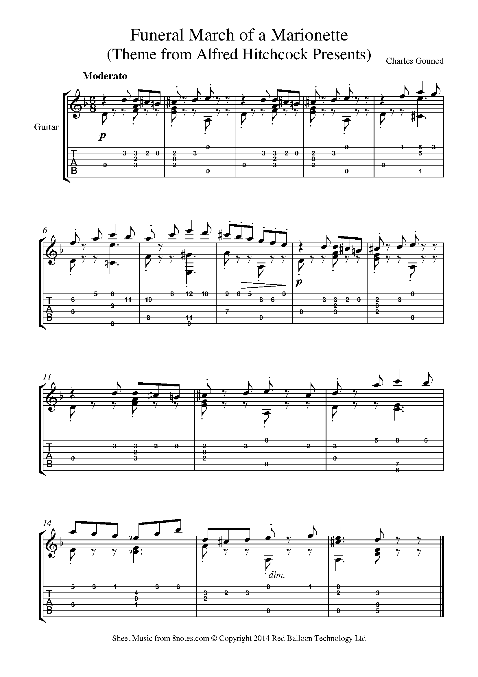 Charles Gounod Funeral March Of A Marionette Theme From Alfred Hitchcock Presents Sheet Music For Guitar 8notes Com