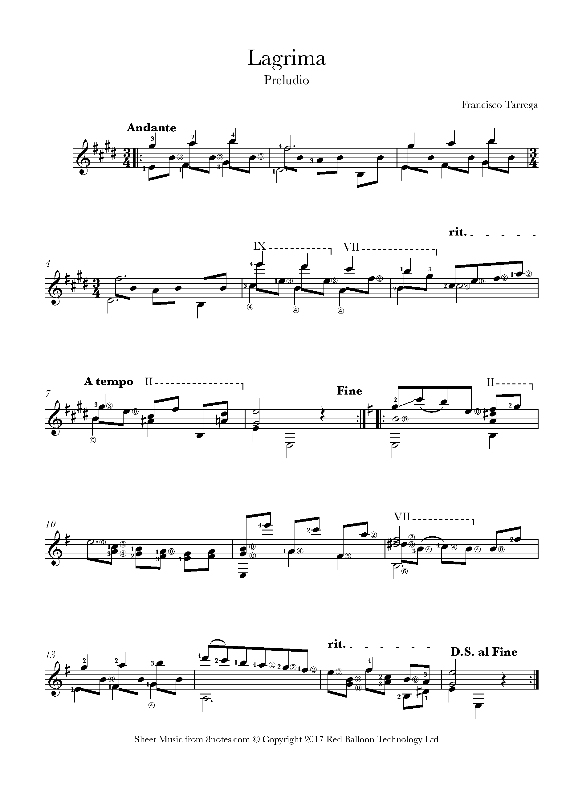 Tárrega - \ufeffLágrima (Preludio) Sheet music for Guitar - 8notes.com