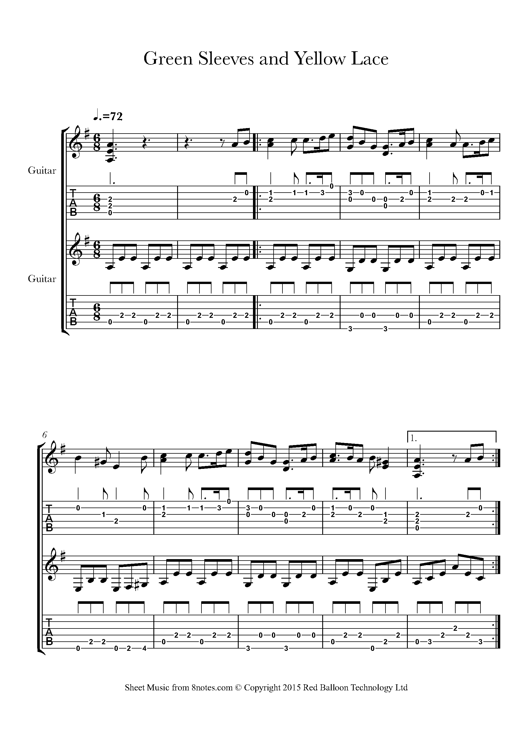 Unknown Green Sleeves and Yellow Lace Sheet music for Guitar Duet