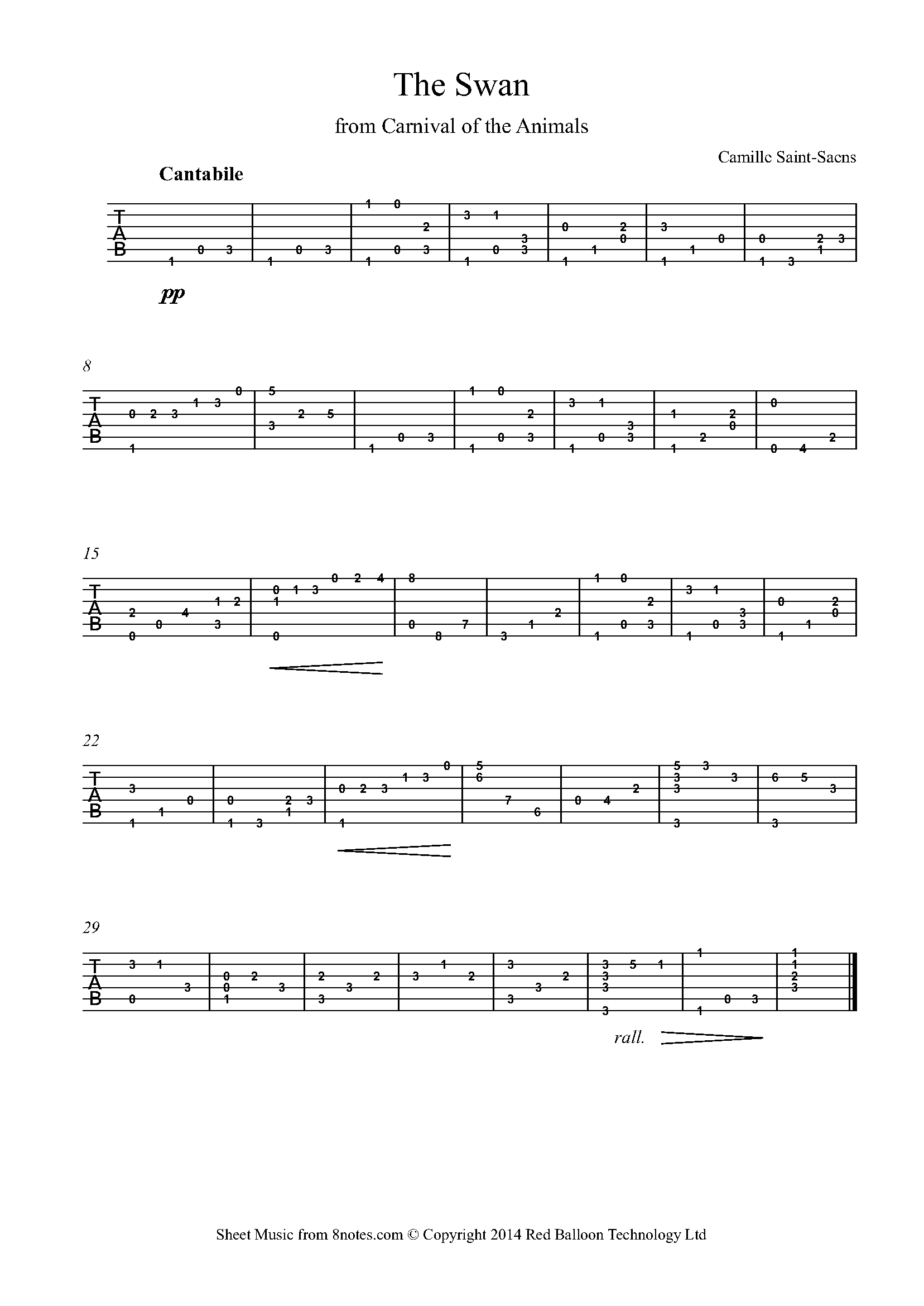 Saint-Saëns - The Swan from Carnival of the Animals Guitar Tab Saint-Saëns - The Swan from Carnival of the Animals Guitar Tab