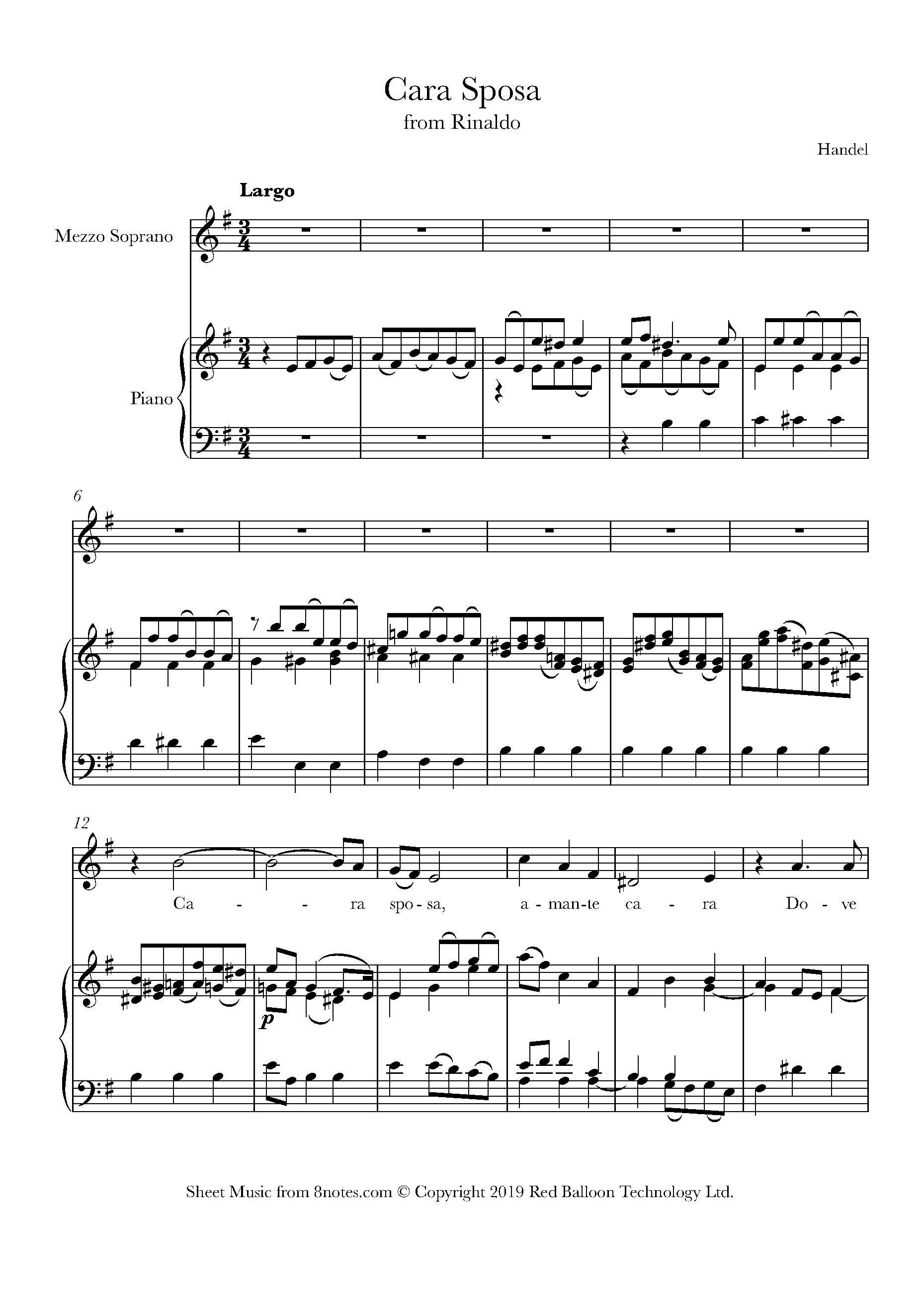 Handel Cara Sposa From Rinaldo Sheet Music For Mezzo Soprano Voice 8notes Com