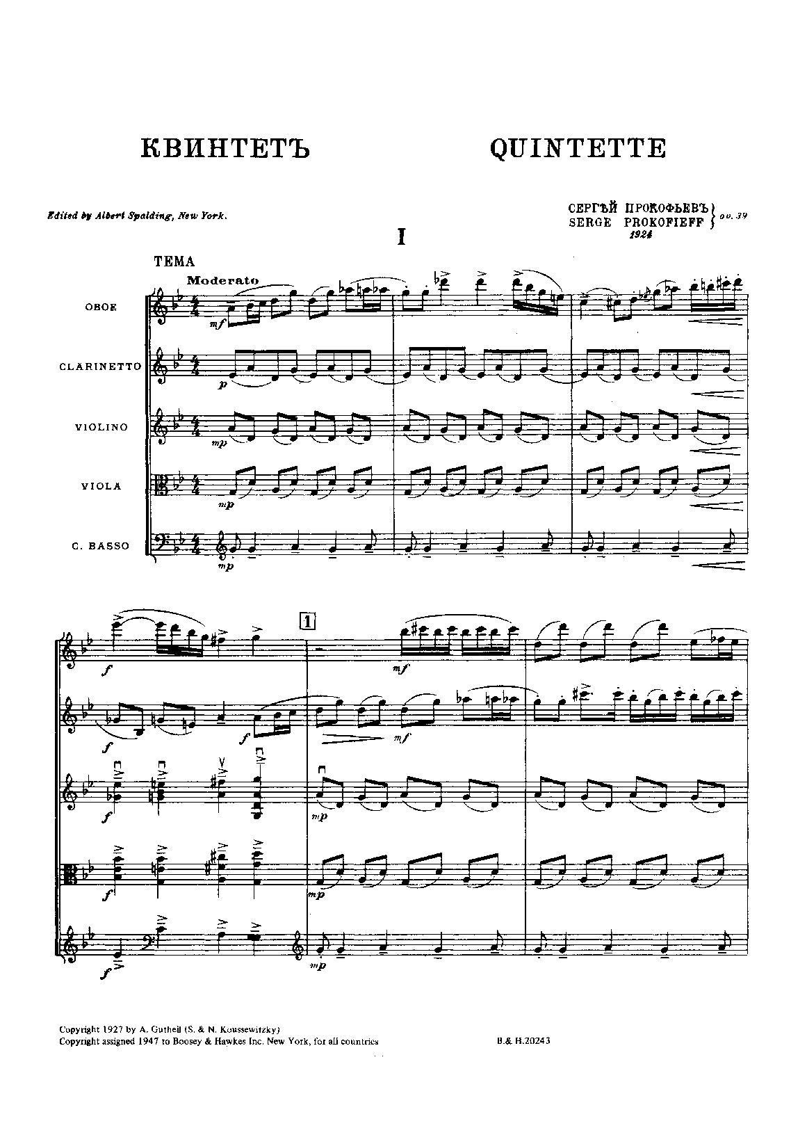 Quintet, Op.39 by Sergei Prokofiev Sheet Music arranged by 8notes.com for Mixed Ensemble - 1 of 52 pages