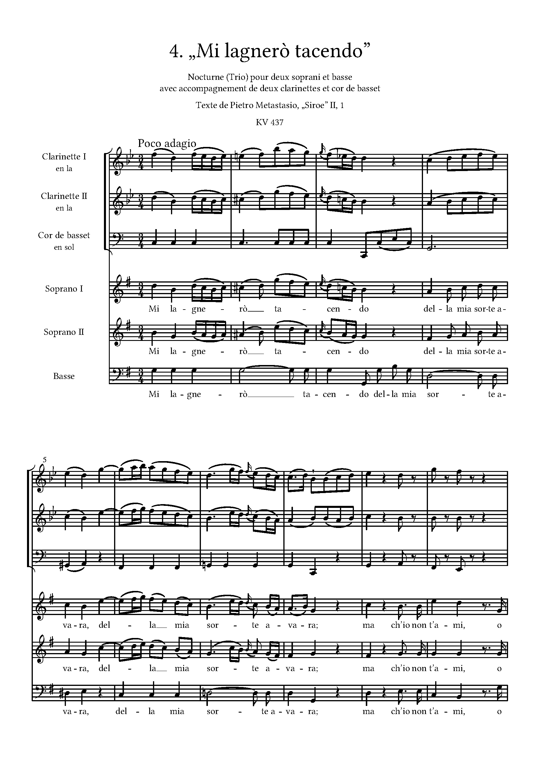 Mi lagnero tacendo, K.437 by Wolfgang Amadeus Mozart Sheet Music arranged by 8notes.com for Multiple Soloists and Ensemble - 1 of 7 pages