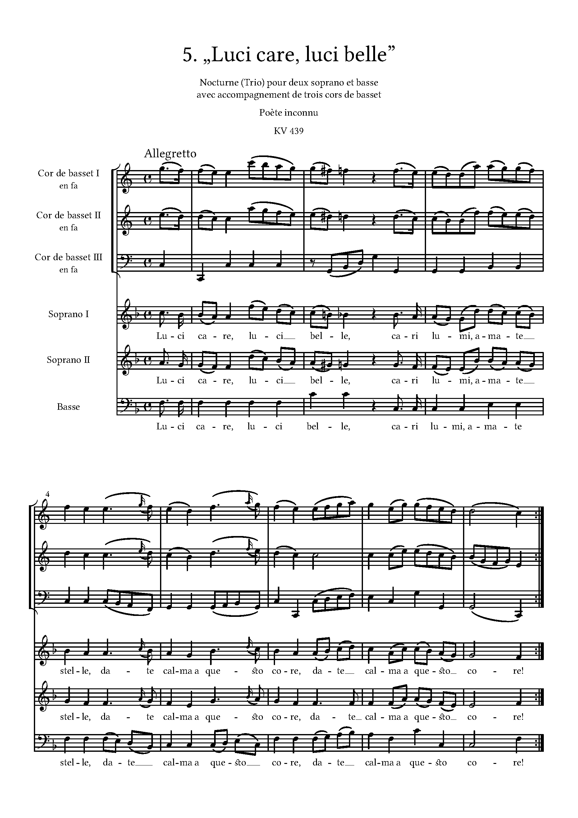 Luci care, luci belle, K.346/439a/Anh.A 47/05 by Wolfgang Amadeus Mozart Sheet Music arranged by 8notes.com for Multiple Soloists and Ensemble - 1 of 2 pages