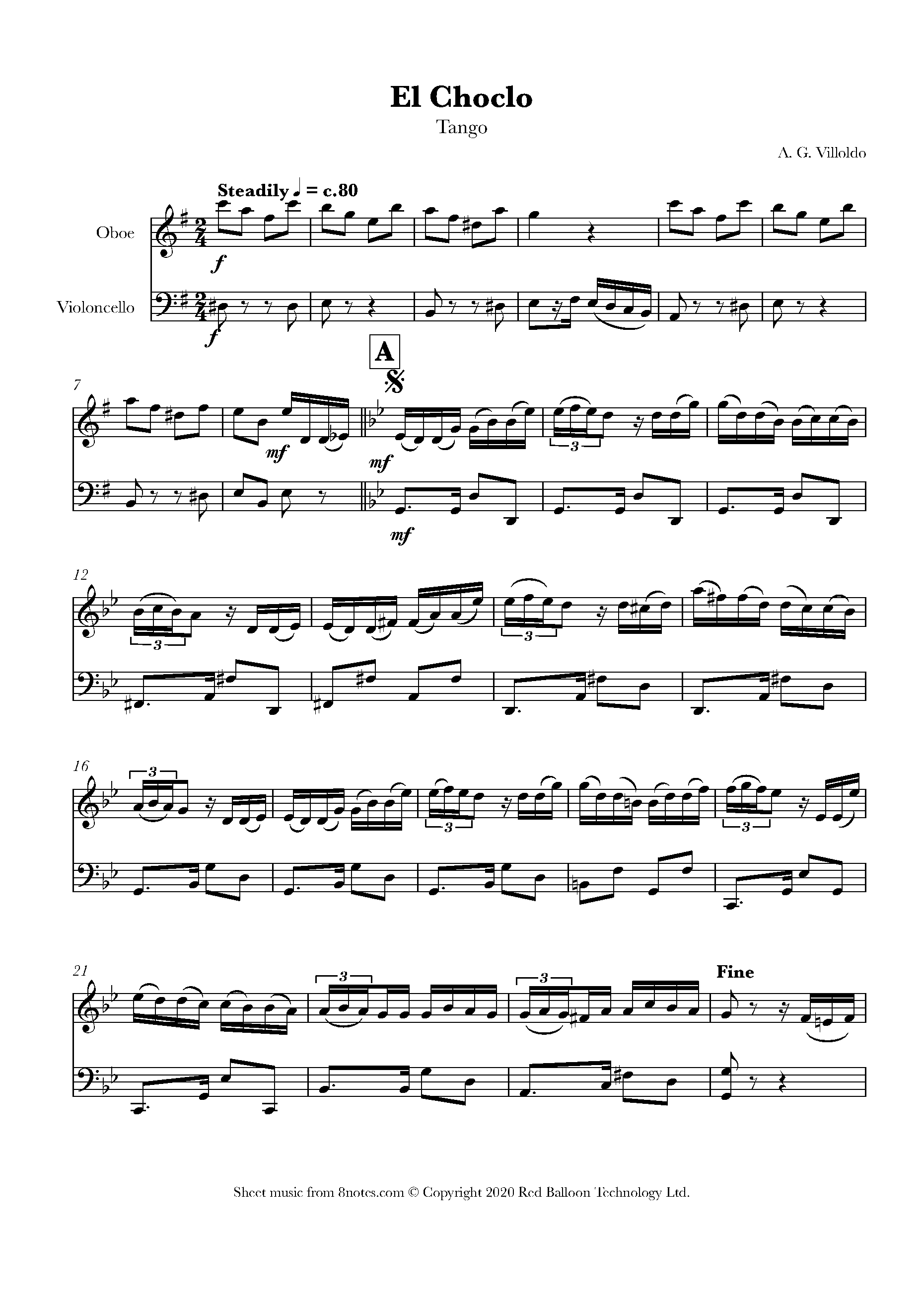 A. G. Villoldo El Choclo (tango) Sheet music for OboeCello Duet