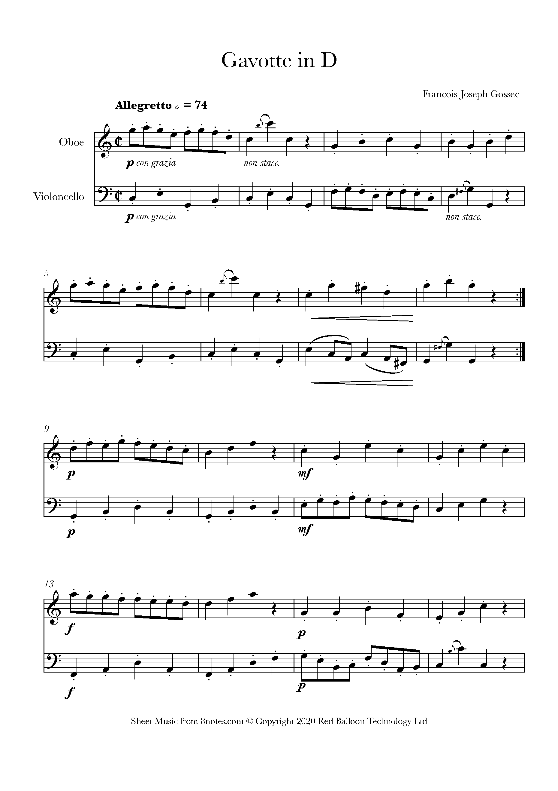 Gossec Gavotte in D Sheet music for OboeCello Duet