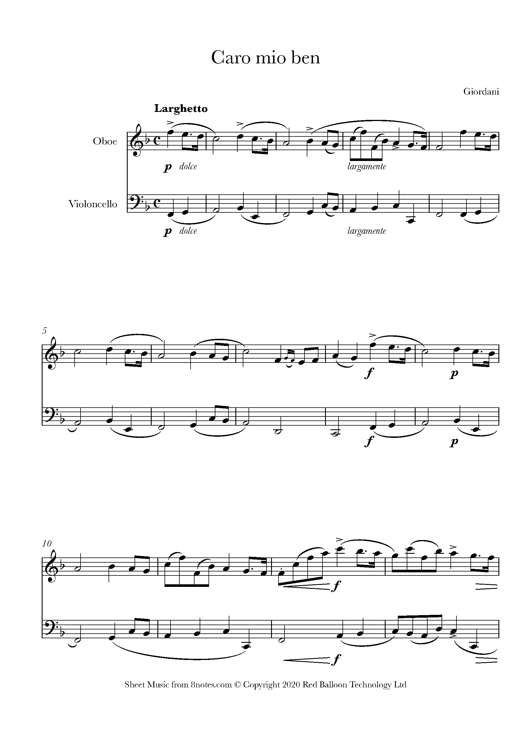 Giordano Caro mio ben Sheet music for OboeCello Duet