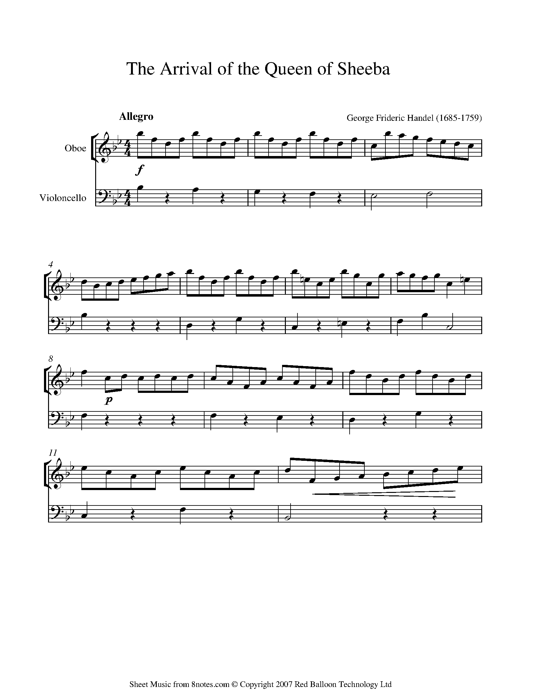 Handel The Arrival of the Queen of Sheeba Sheet music for OboeCello