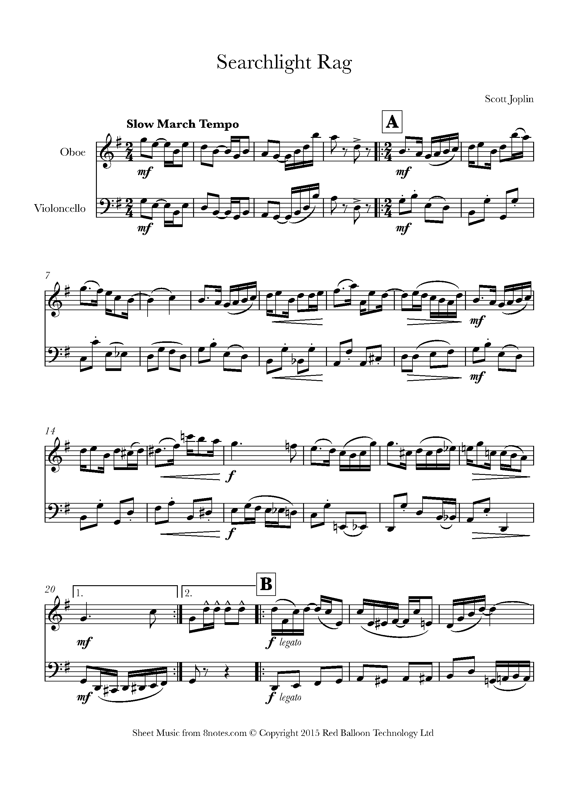 Scott Joplin Searchlight Rag Sheet music for OboeCello Duet