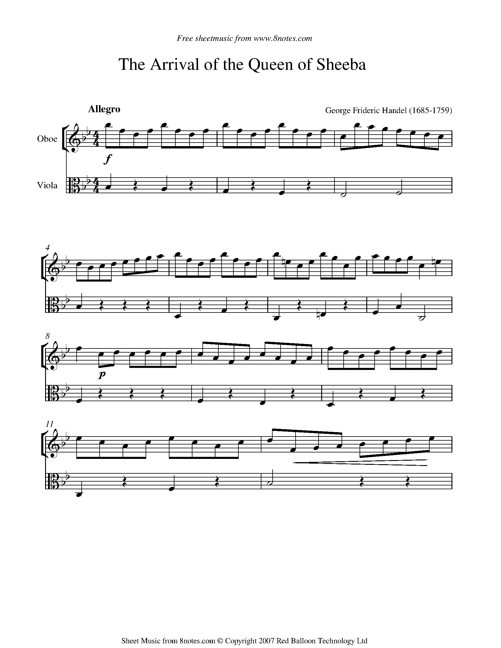 Handel The Arrival of the Queen of Sheeba Sheet music for OboeViola