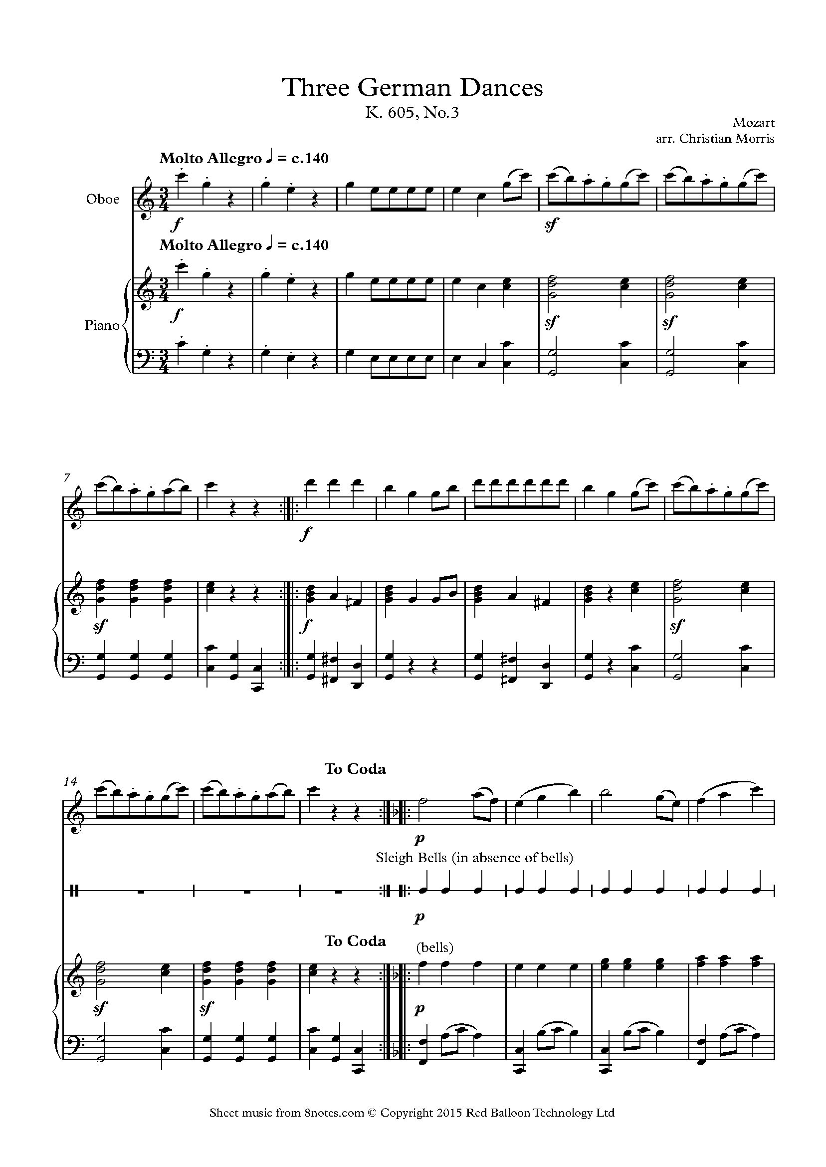 Mozart Three German Dances K. 605, No.3 Sheet music for Oboe