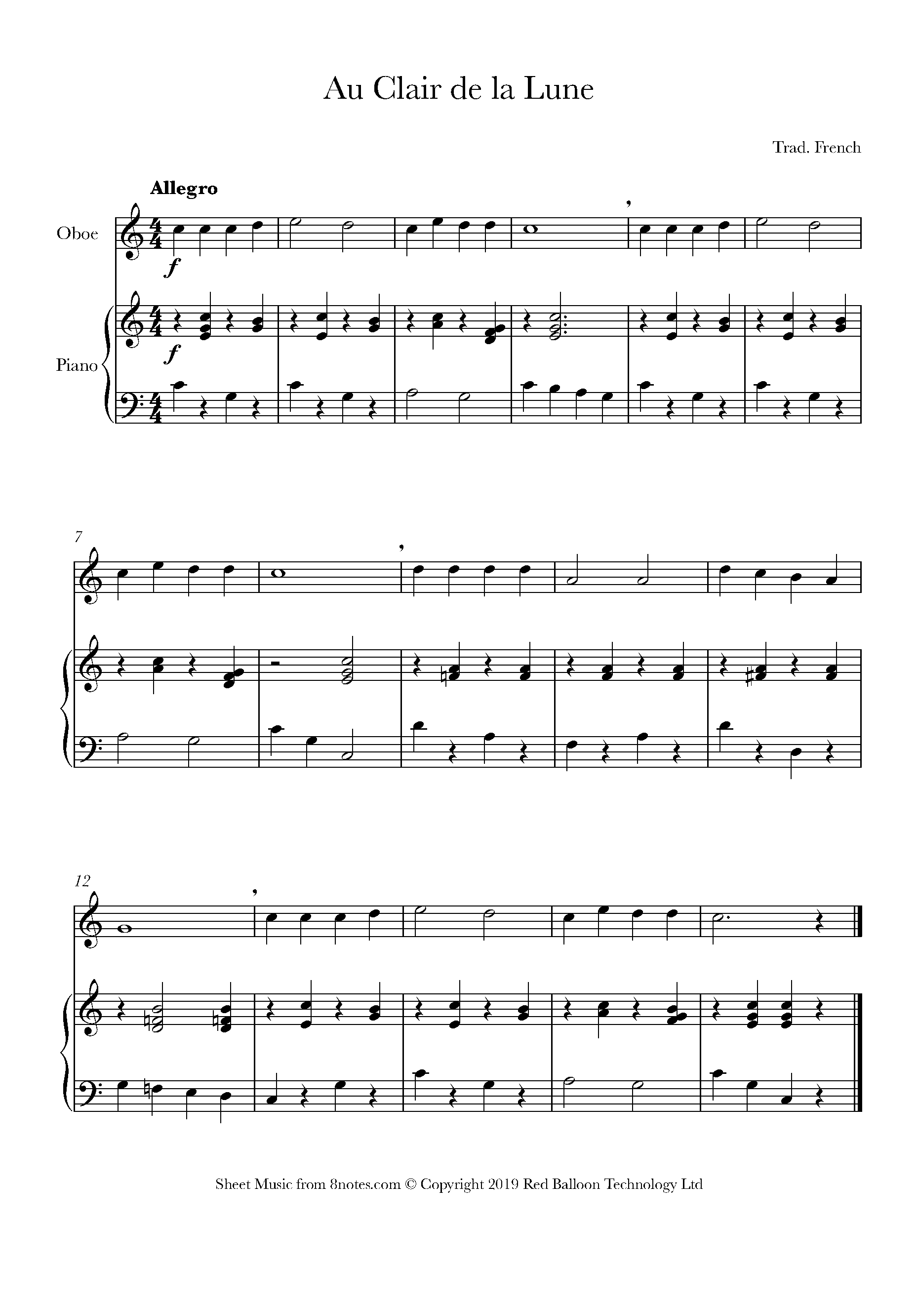 Au Claire De La Lune Sheet Music For Oboe 8notes Com Au Claire De La Lune Sheet Music For Oboe 8notes Com