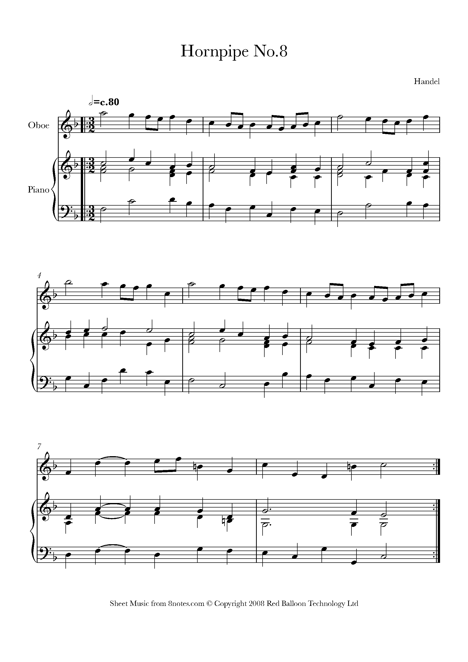 Hornpipe from Water Music by George Frideric Handel Sheet Music arranged by 8notes.com for Oboe - 1 of 2 pages