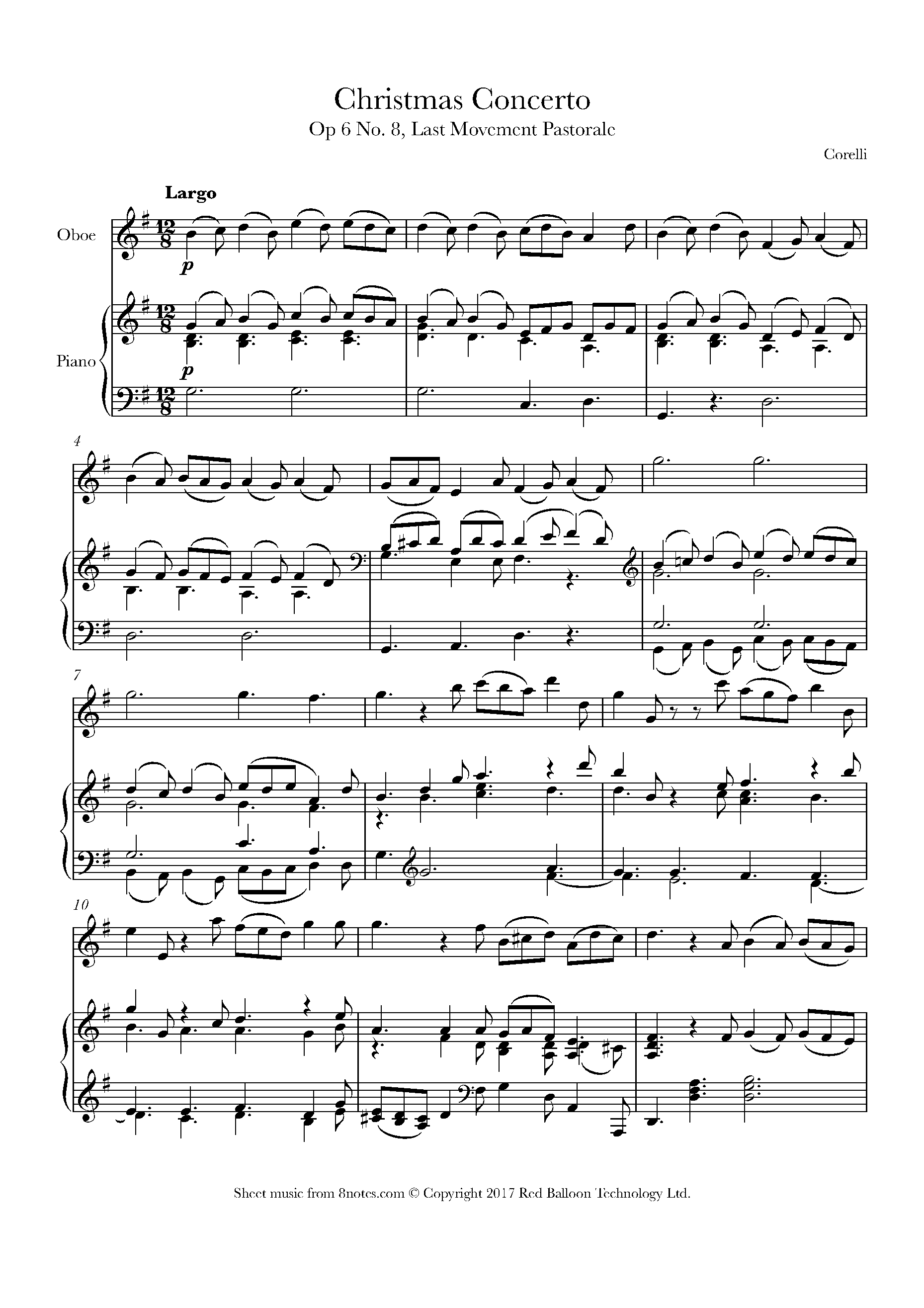 Corelli Christmas Concerto Op 6 No 8 Pastorale Sheet Music For Oboe 8notes Com