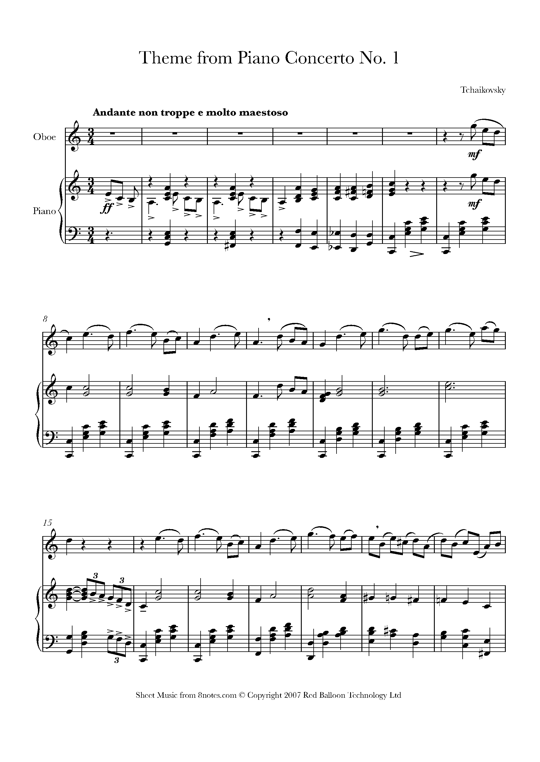 Tchaikovsky - Theme from Piano Concerto No.1 Sheet music for Oboe