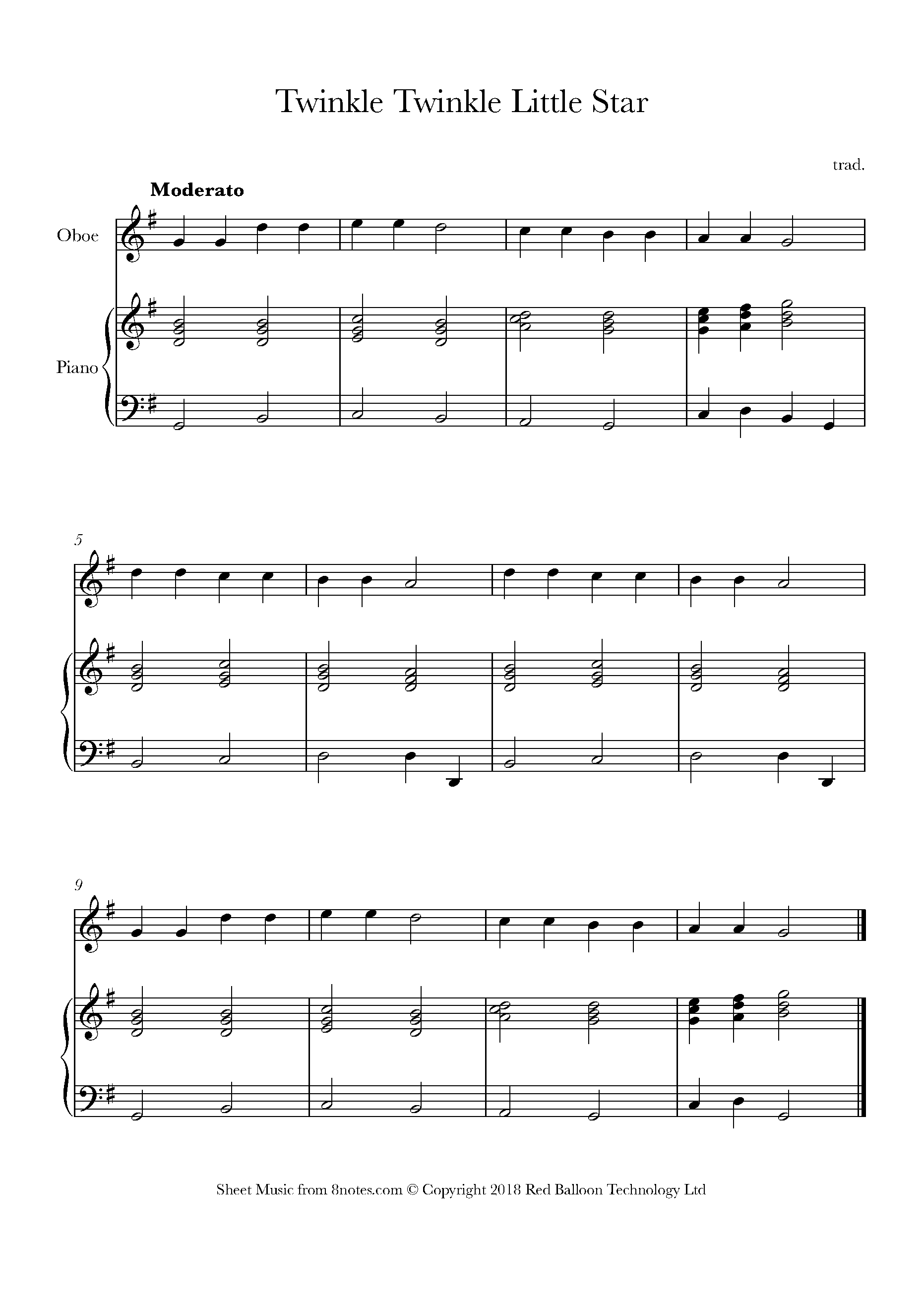Twinkle Twinkle Little Star Sheet music for Oboe - 8notes.com