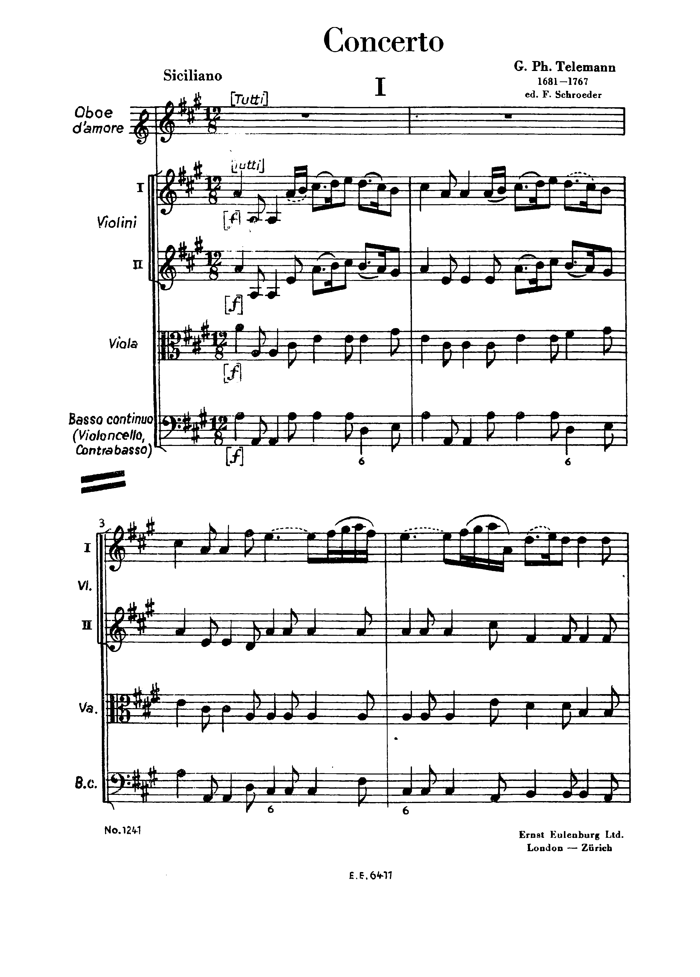 Telemann, Georg Philipp - Concerto for Oboe d'amore, TWV 51:A2 Sheet ...