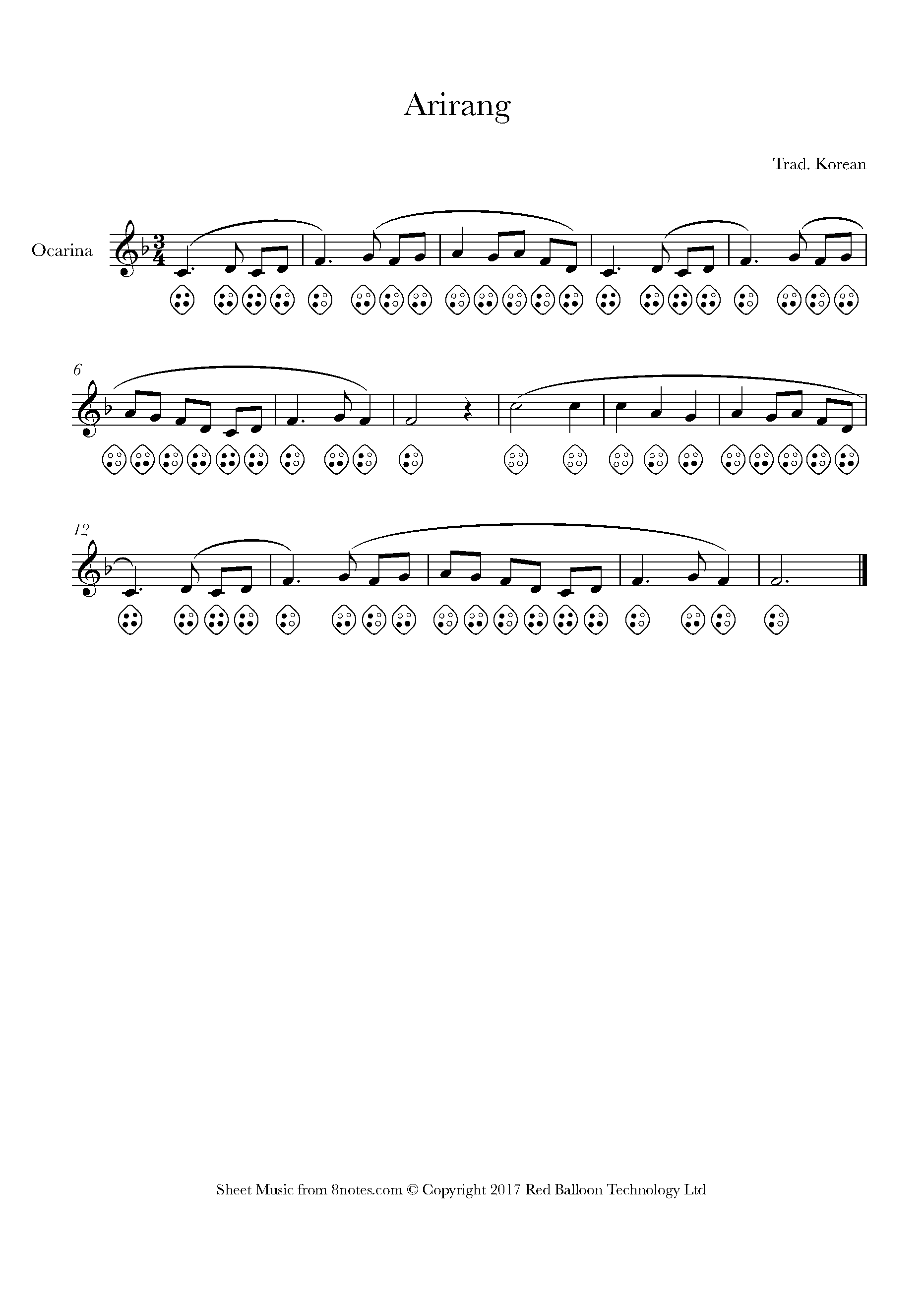 Arirang (traditional Korean) Sheet music for Ocarina Four Hole